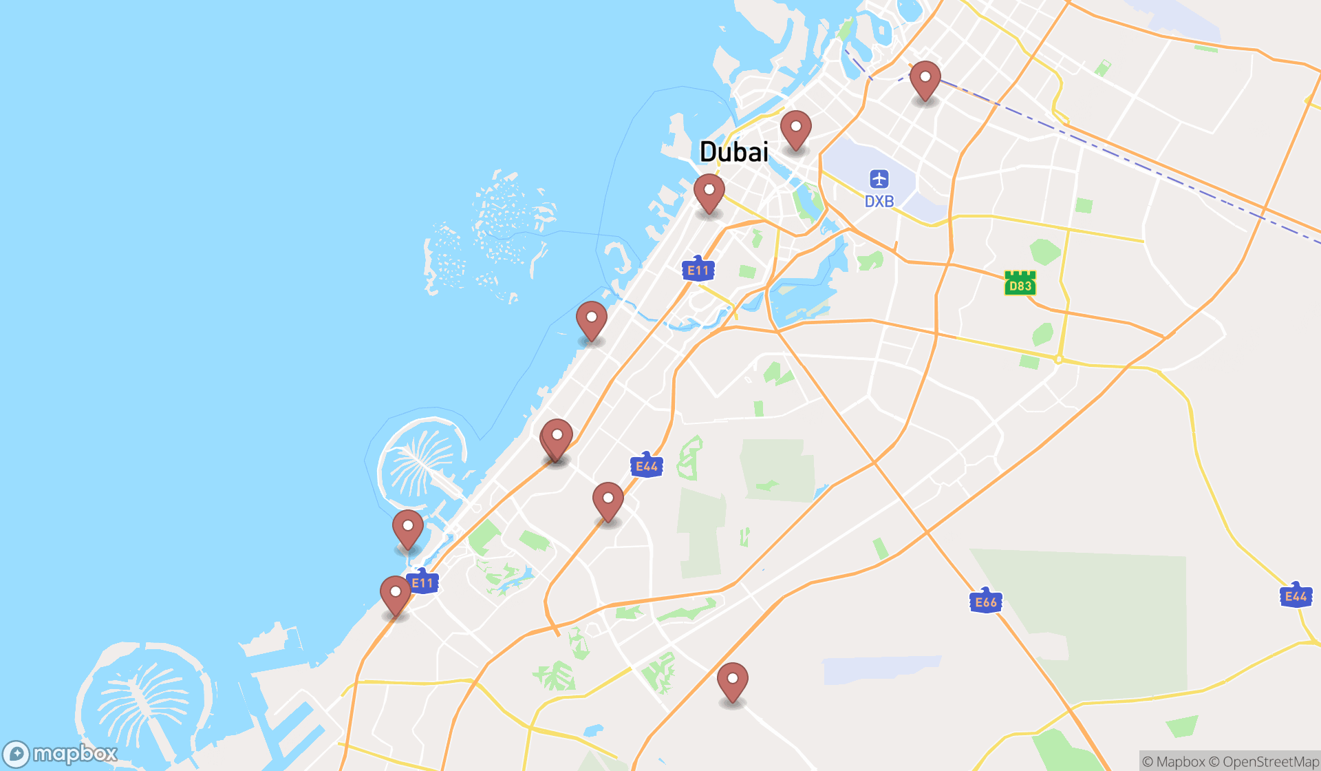 Map showing the ranked bubble tea stores in Dubai, Dubai
