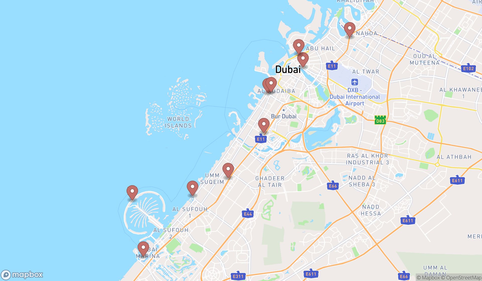 Map showing the ranked buffet restaurants in Dubai, Dubai