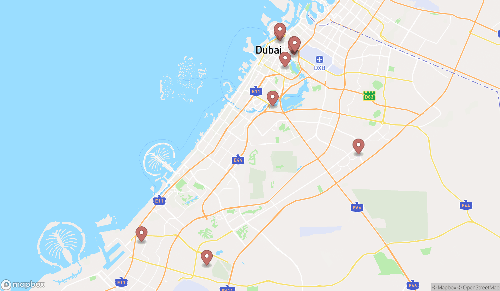 Map showing the ranked bus ticket agencies in Dubai, Dubai
