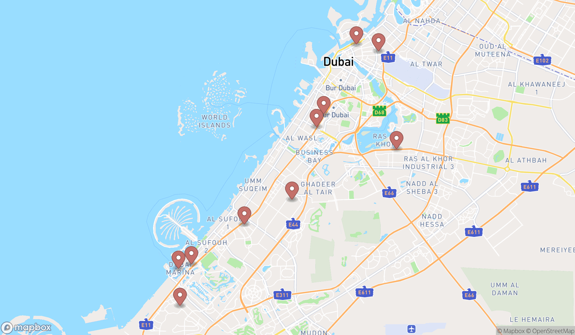 Map showing the ranked bus tour agencies in Dubai, Dubai