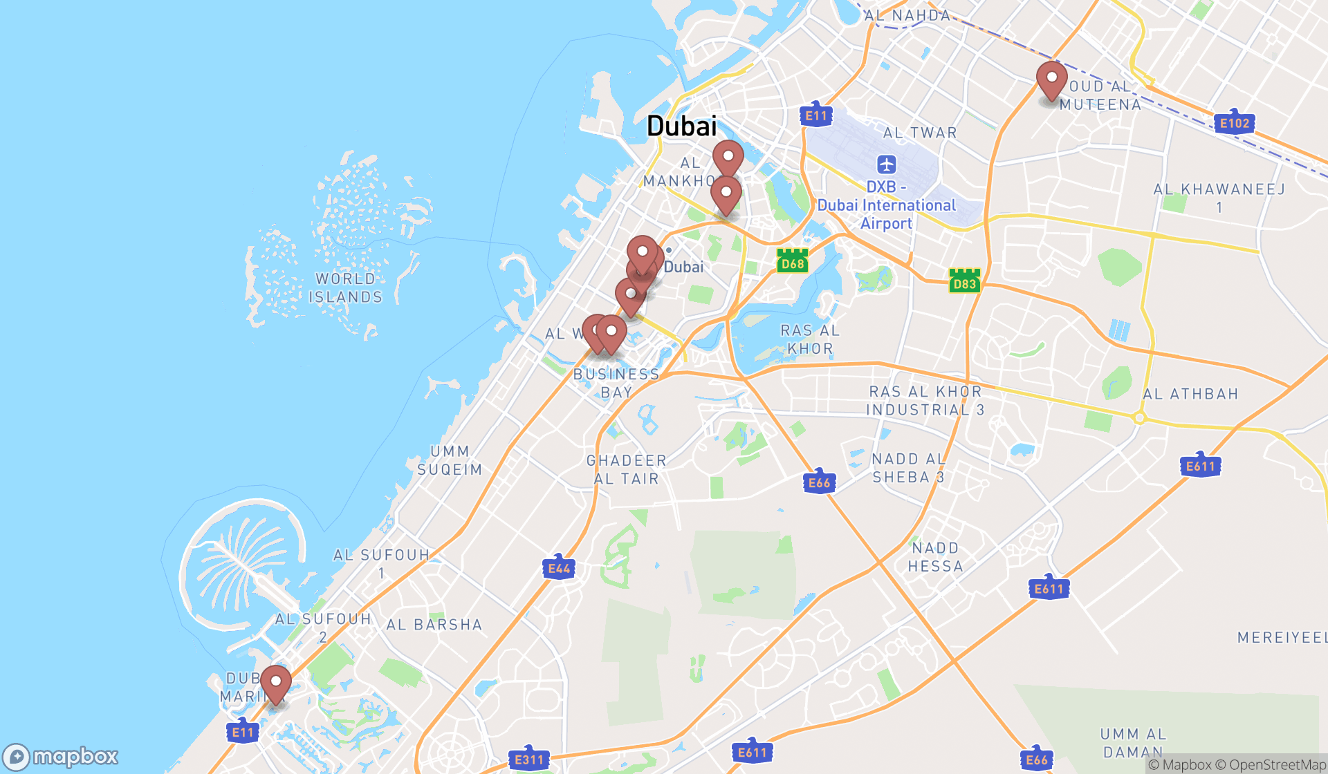 Map showing the ranked business centers in Dubai, Dubai