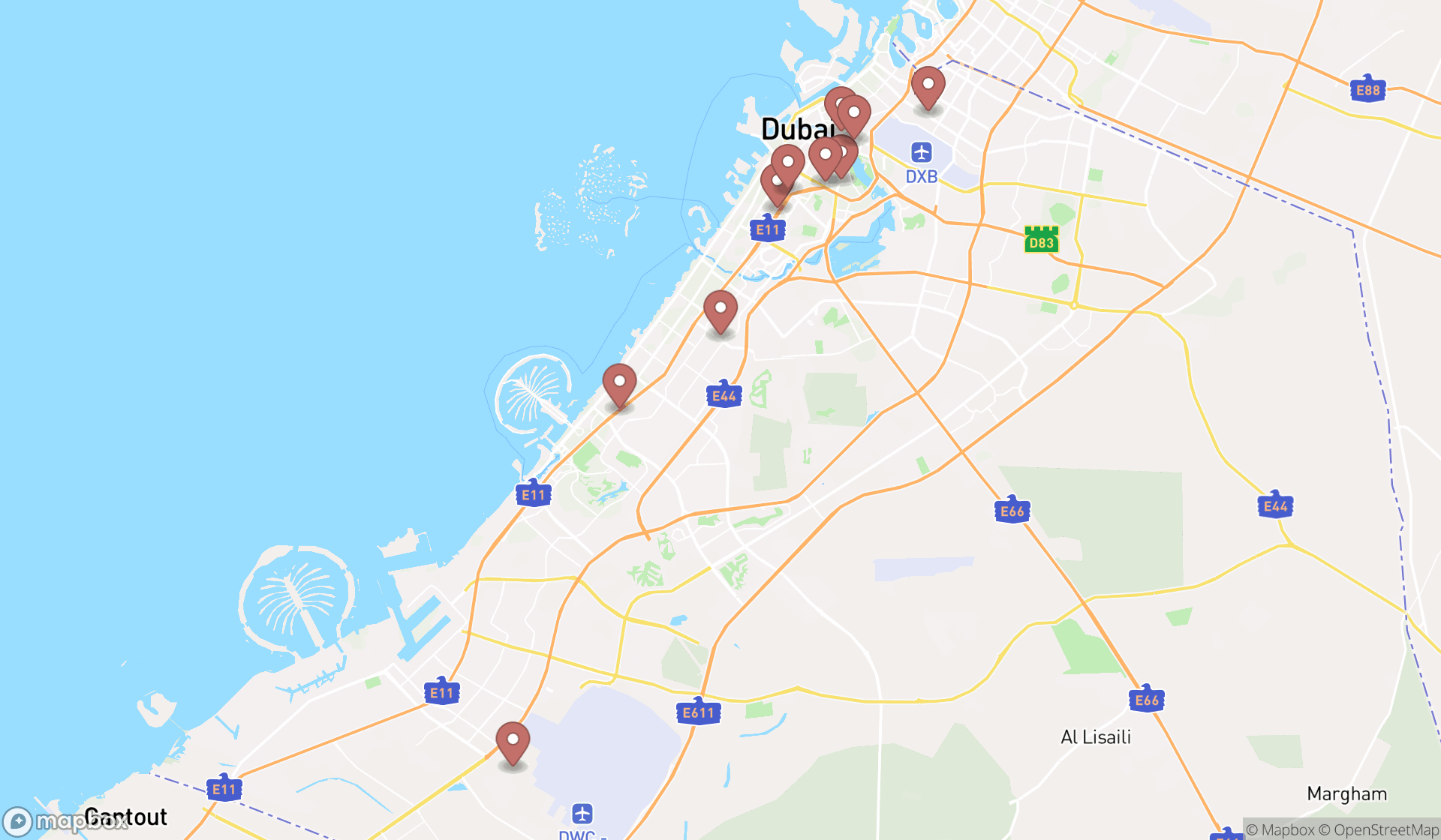 Map showing the ranked business development services in Dubai, Dubai
