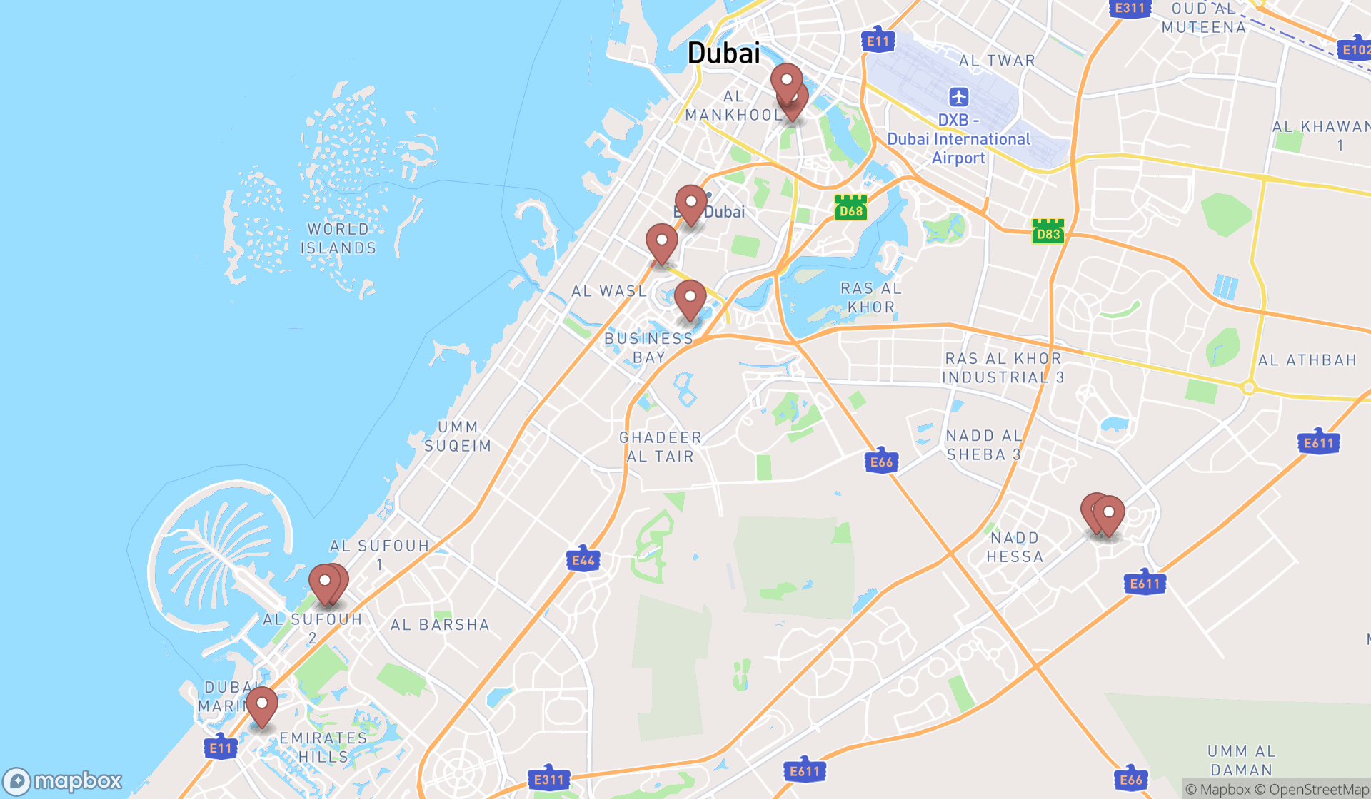 Map showing the ranked business schools in Dubai, Dubai