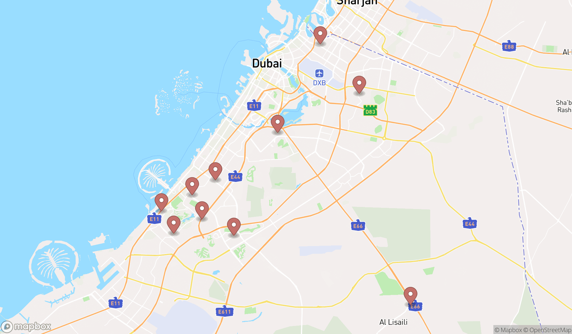 Map showing the ranked butcher shop delis in Dubai, Dubai