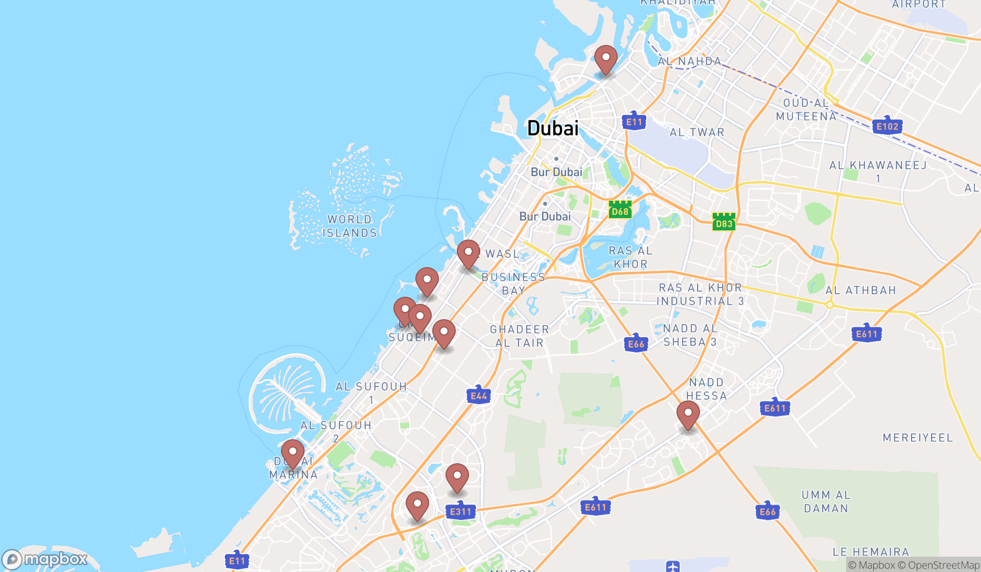 Map showing the ranked butcher shops in Dubai, Dubai