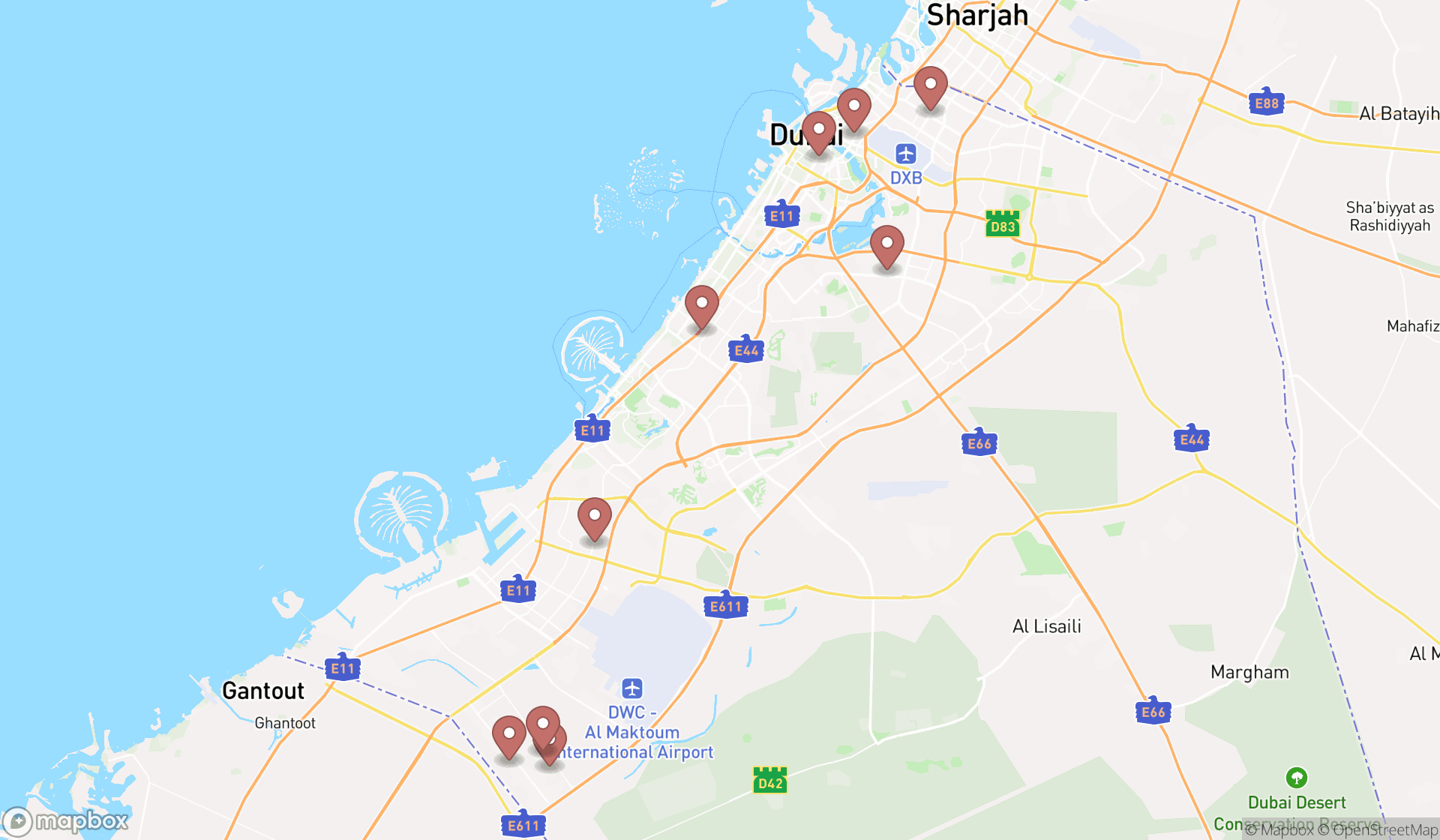 Map showing the ranked cabin rental agencies in Dubai, Dubai