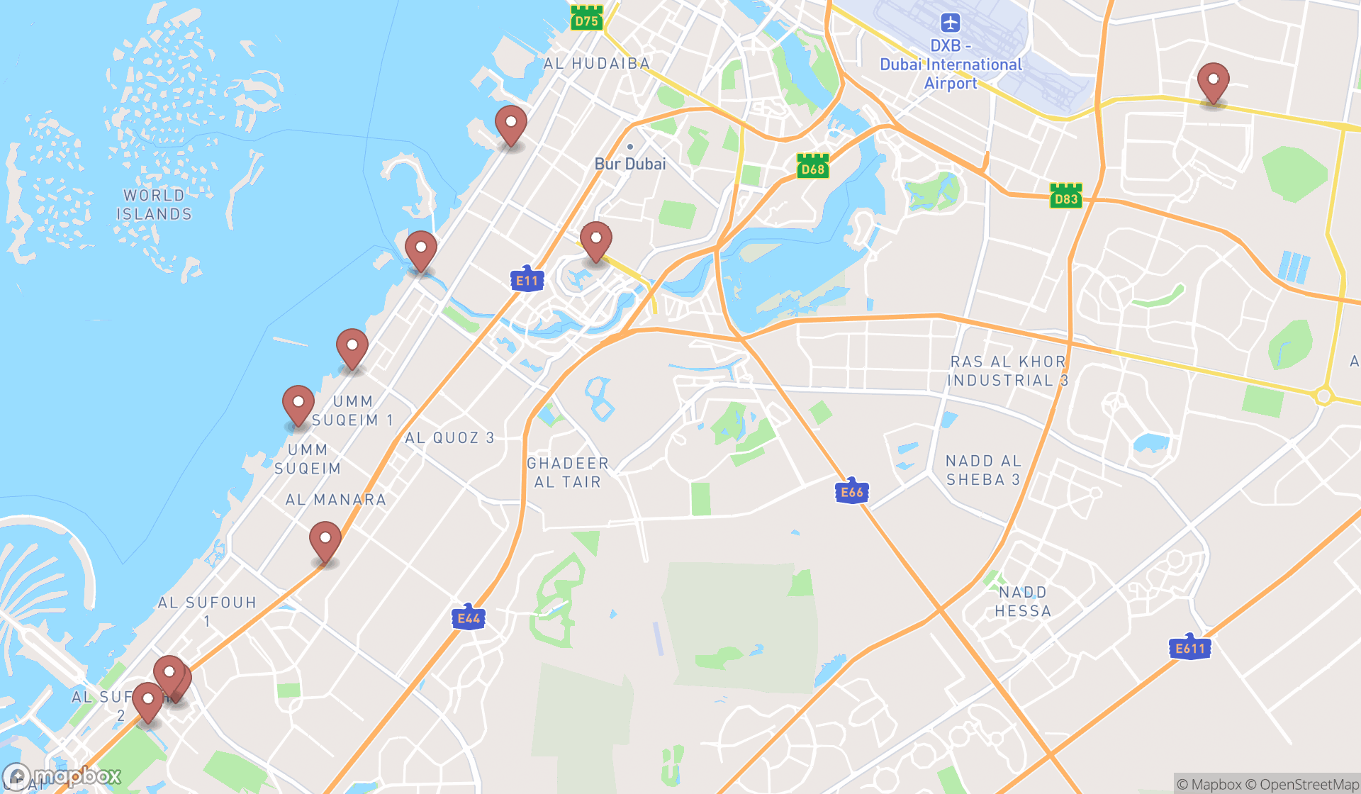 Map showing the ranked cafes in Dubai, Dubai