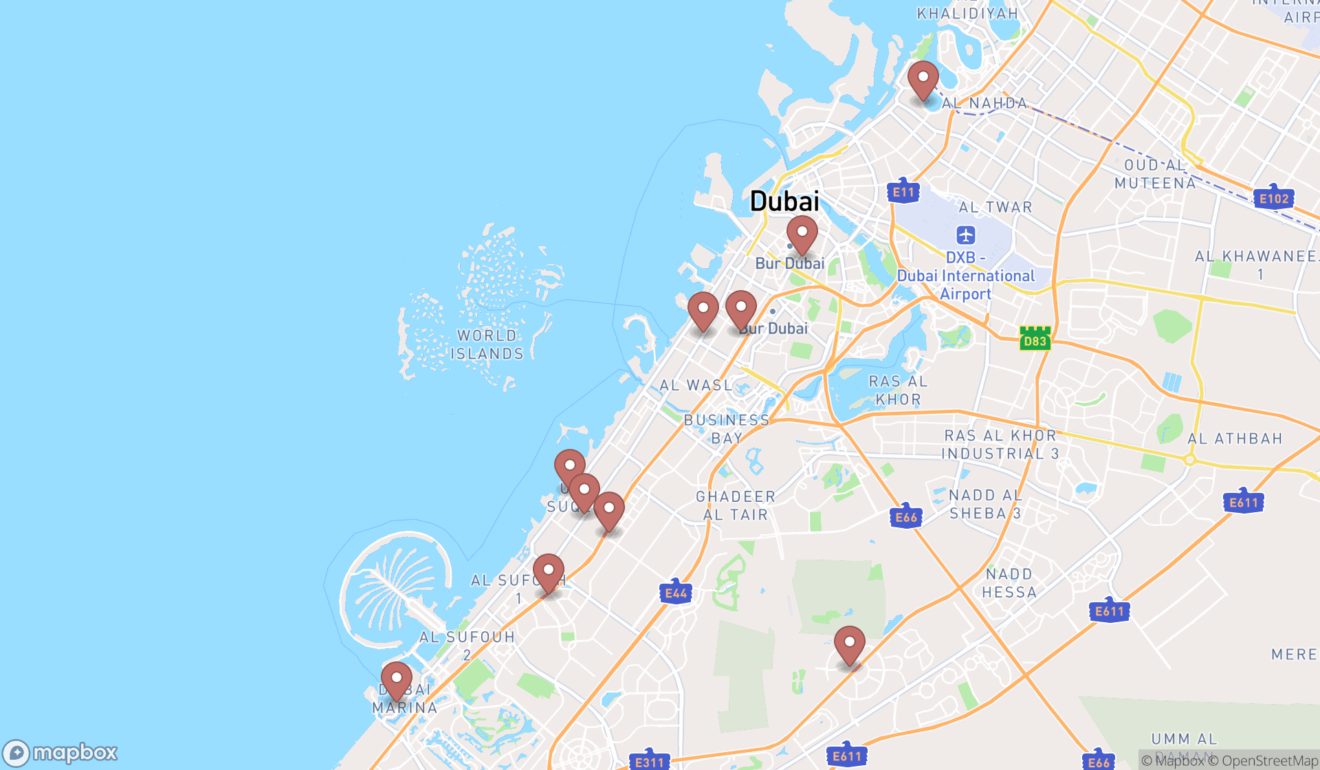 Map showing the ranked cafeterias in Dubai, Dubai