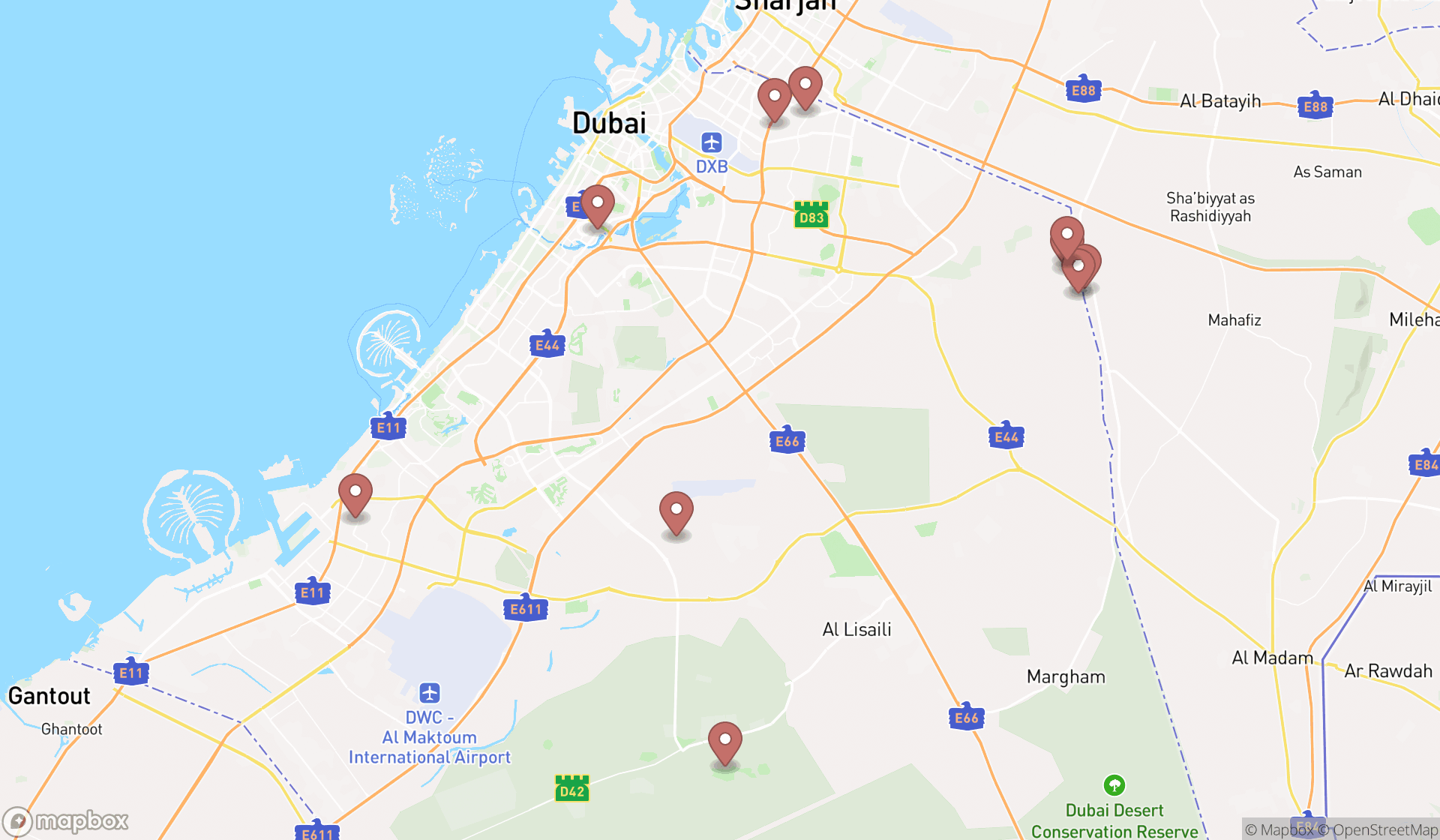 Map showing the ranked campgrounds in Dubai, Dubai
