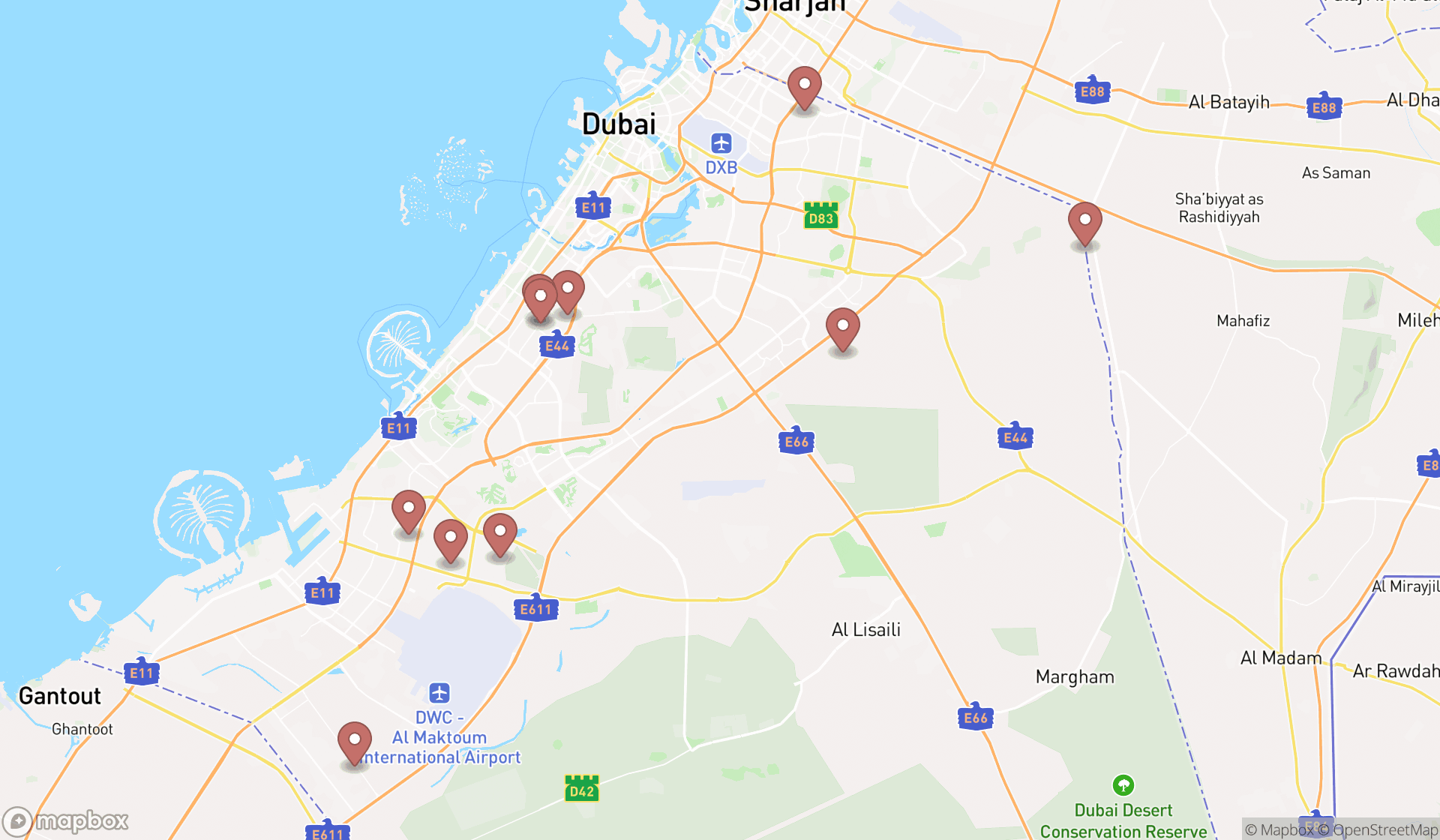 Map showing the ranked camping cabins in Dubai, Dubai