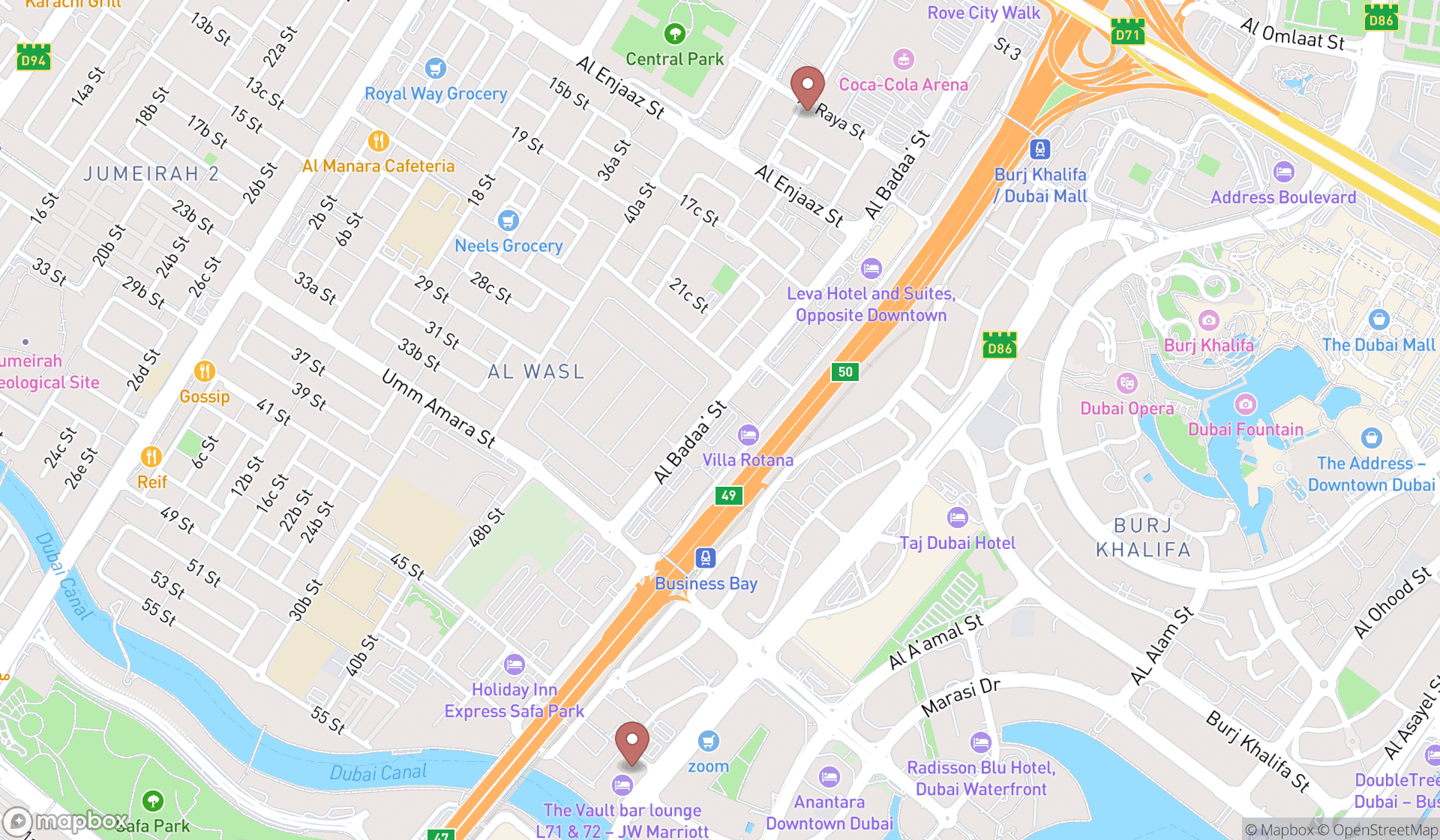 Map showing the ranked canadian restaurants in Dubai, Dubai