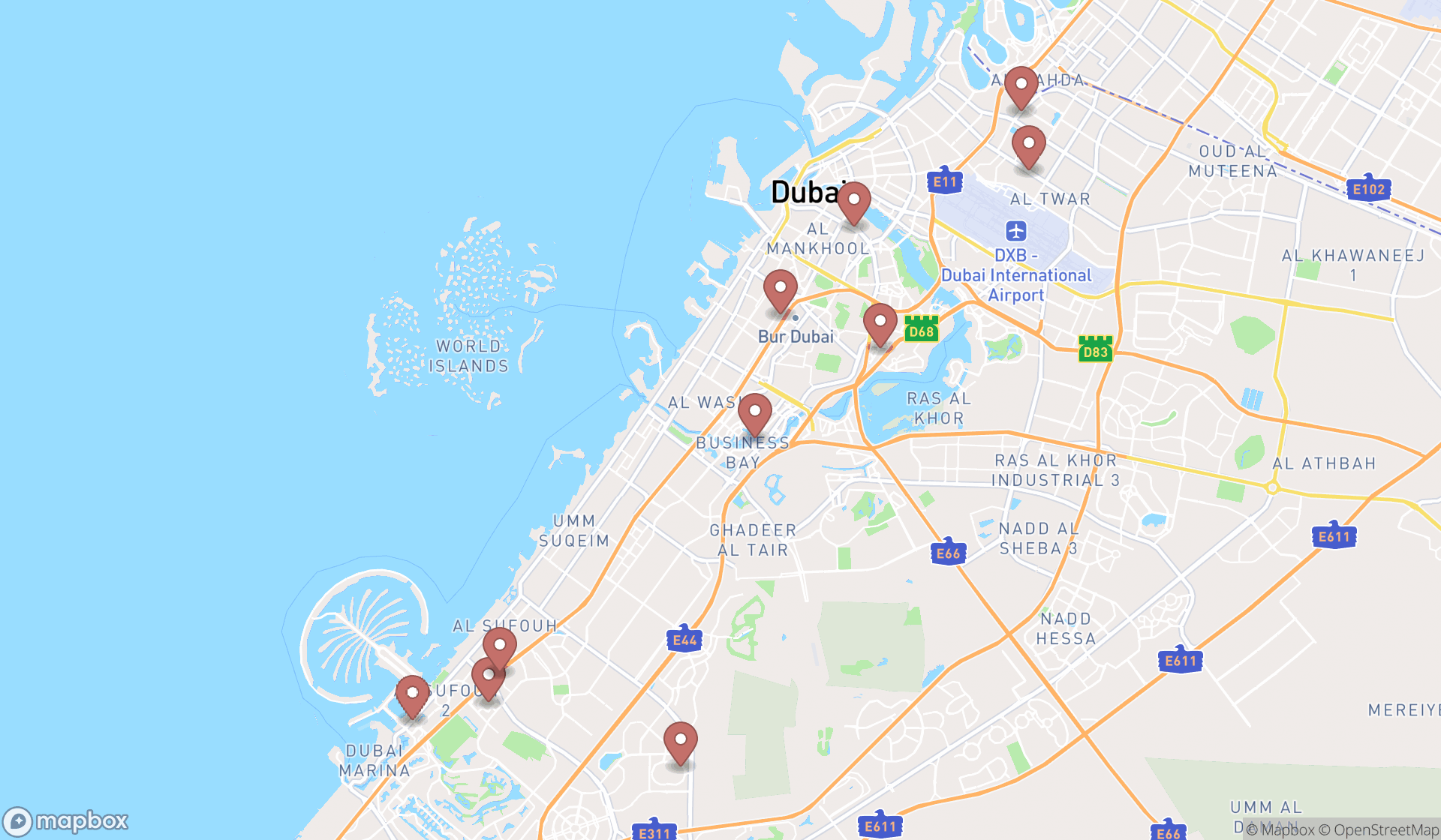 Map showing the ranked cancer treatment centers in Dubai, Dubai