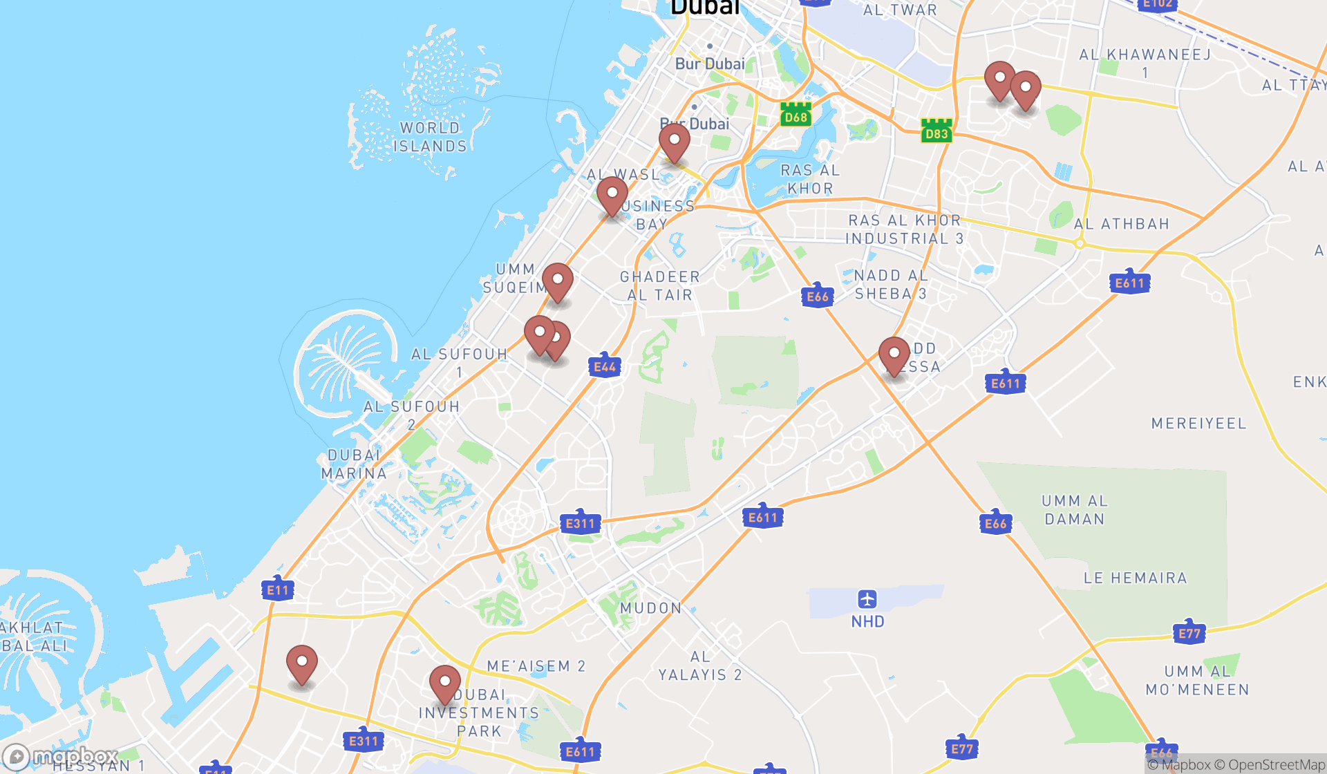 Map showing the ranked candle stores in Dubai, Dubai