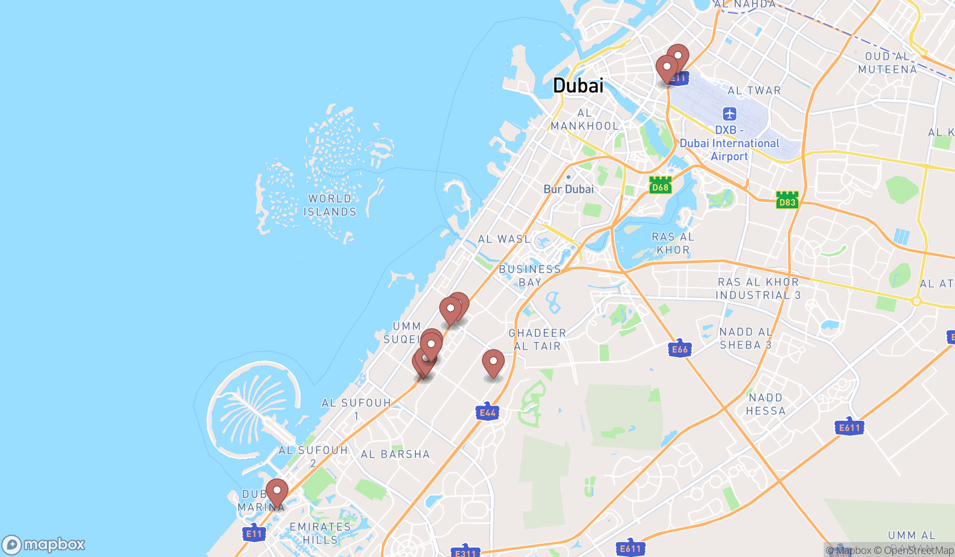 Map showing the ranked car dealers in Dubai, Dubai