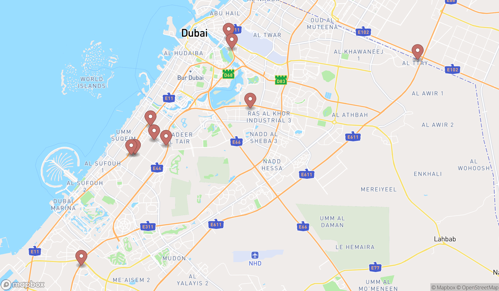 Map showing the ranked car detailing services in Dubai, Dubai