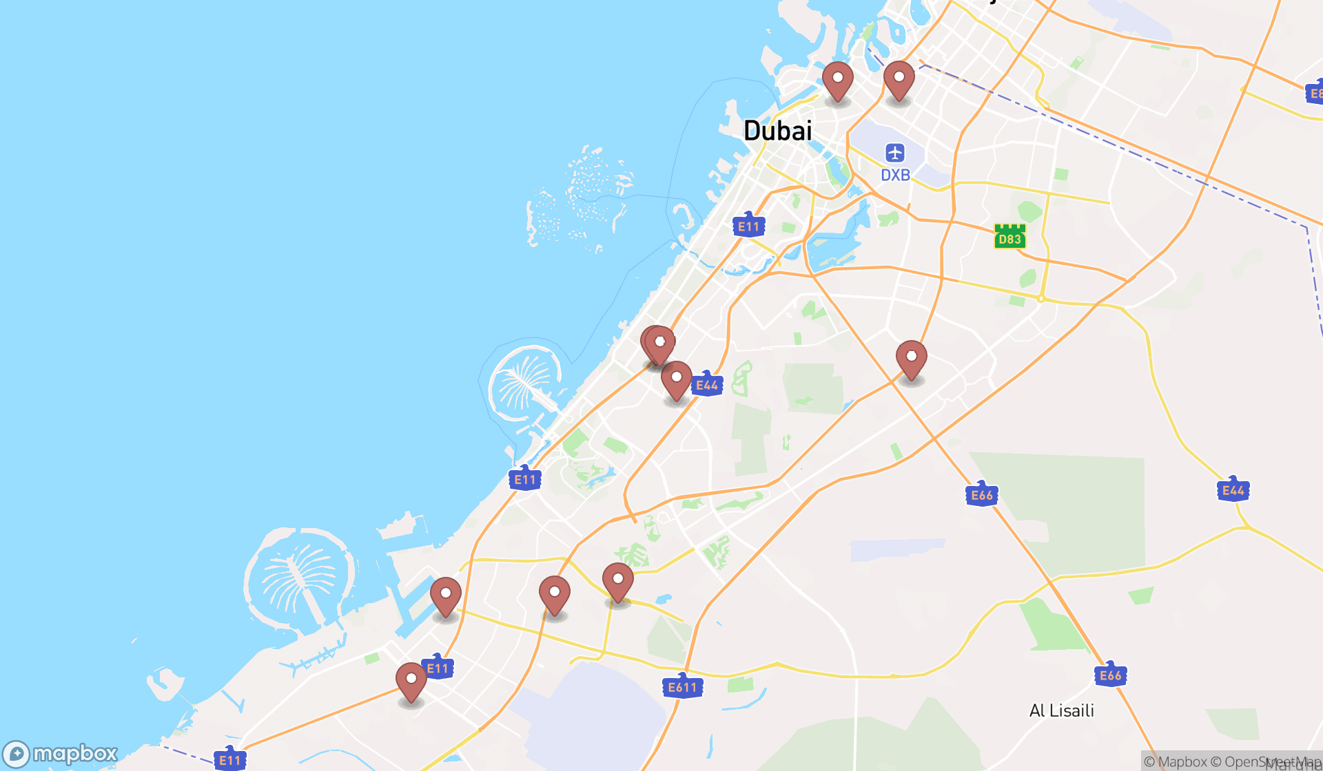 Map showing the ranked car factories in Dubai, Dubai