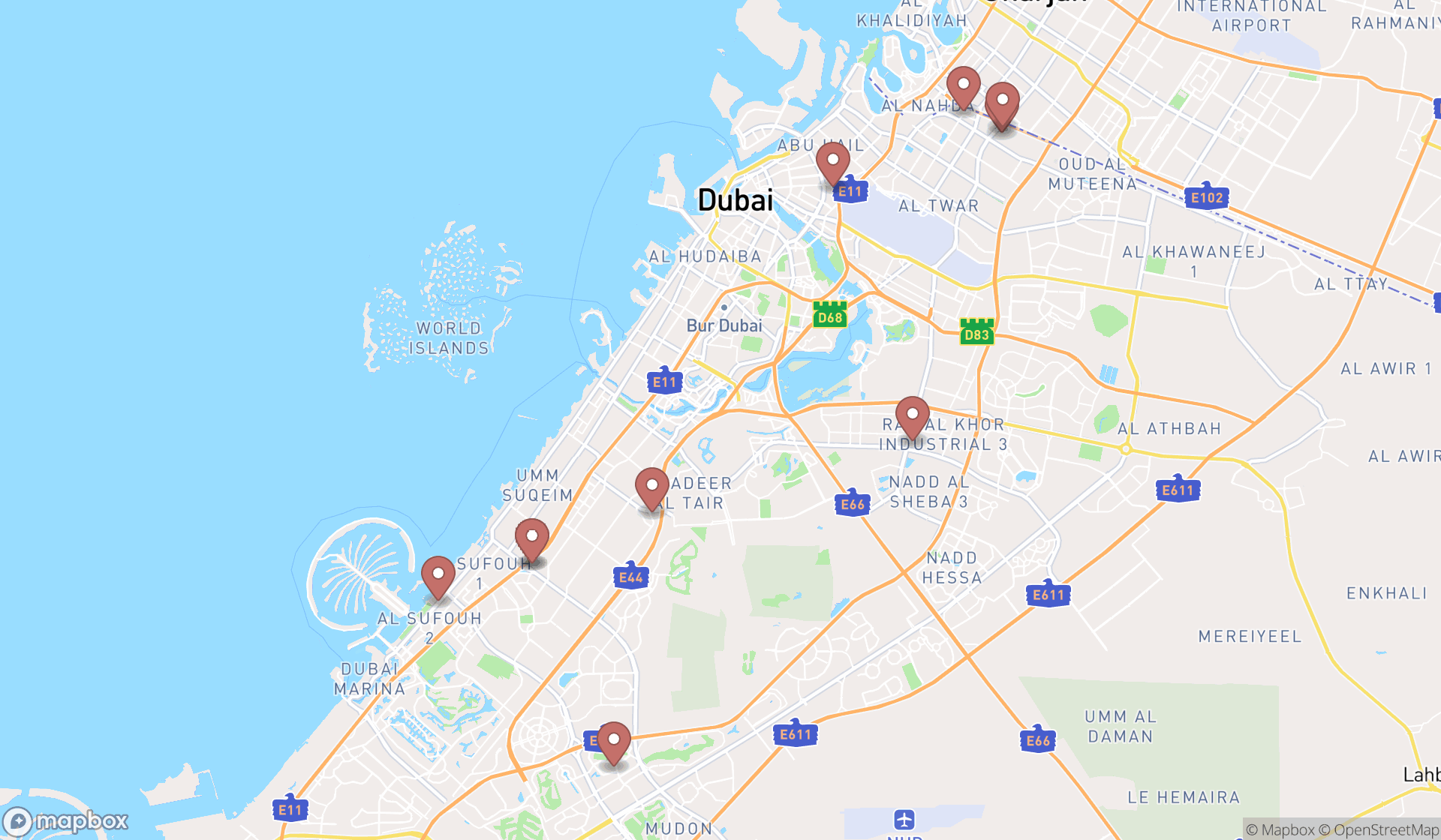 Map showing the ranked car inspection stations in Dubai, Dubai