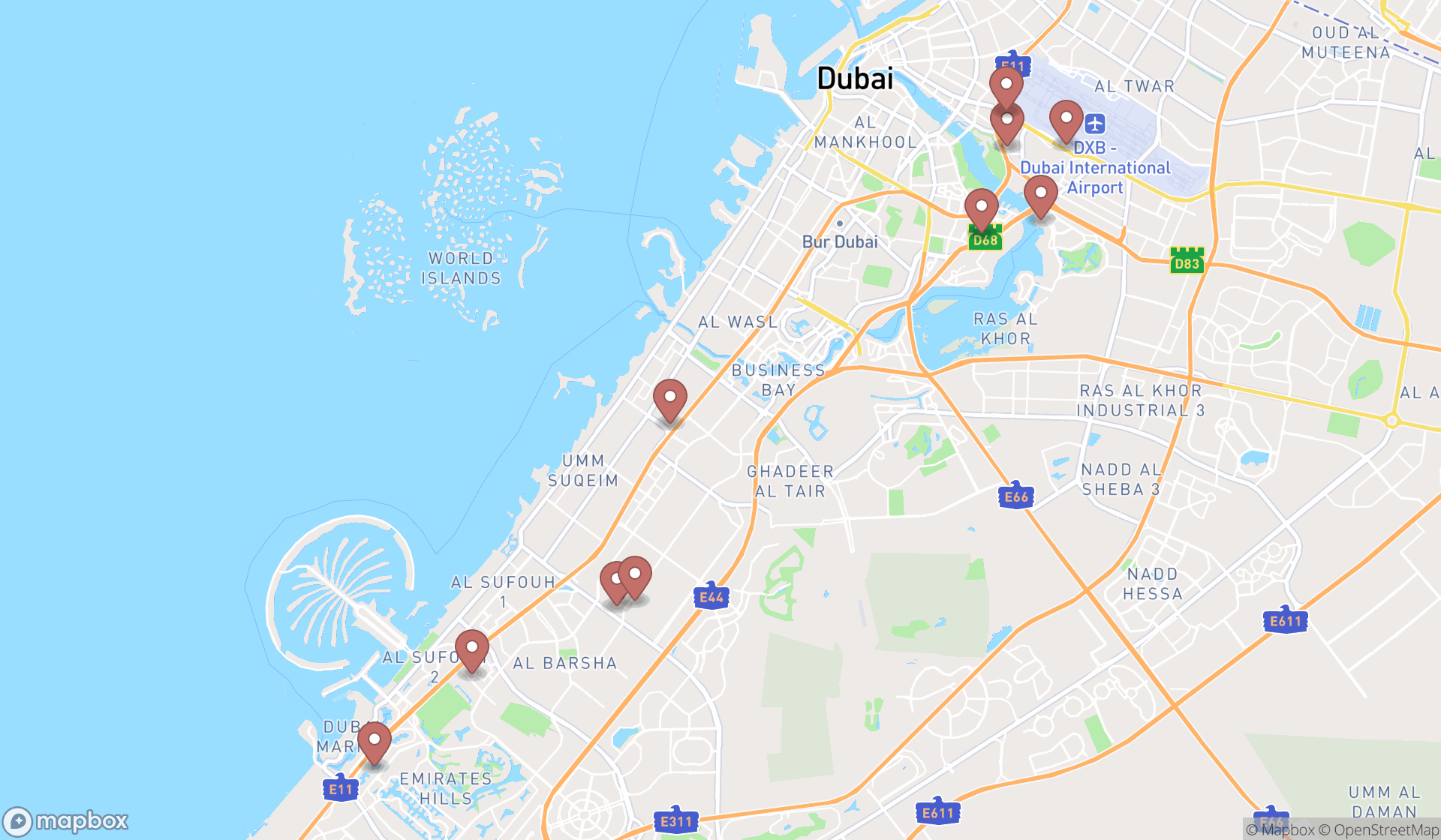 Map showing the ranked car leasing services in Dubai, Dubai