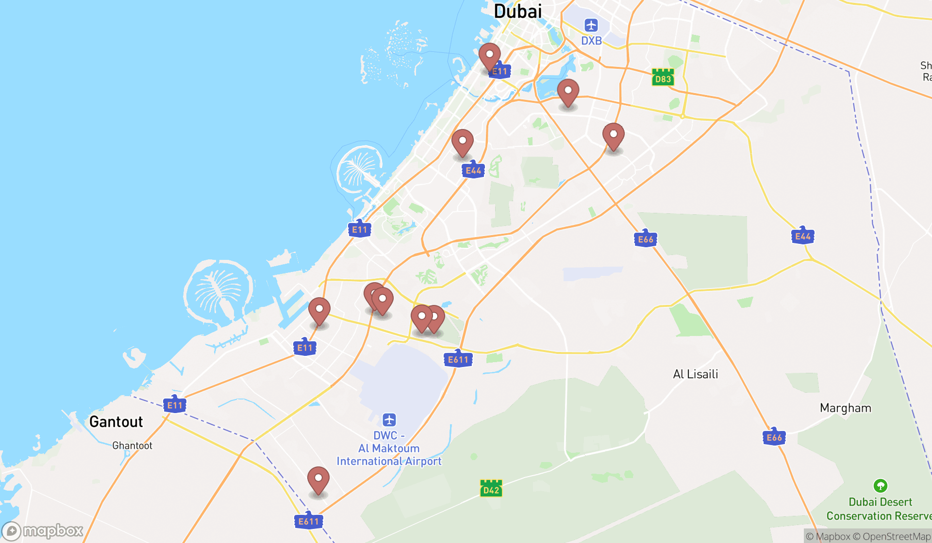 Map showing the ranked car manufacturers in Dubai, Dubai