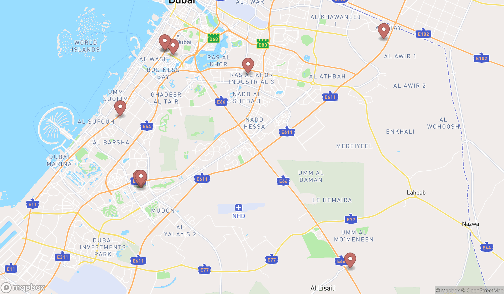 Map showing the ranked car racing venues in Dubai, Dubai