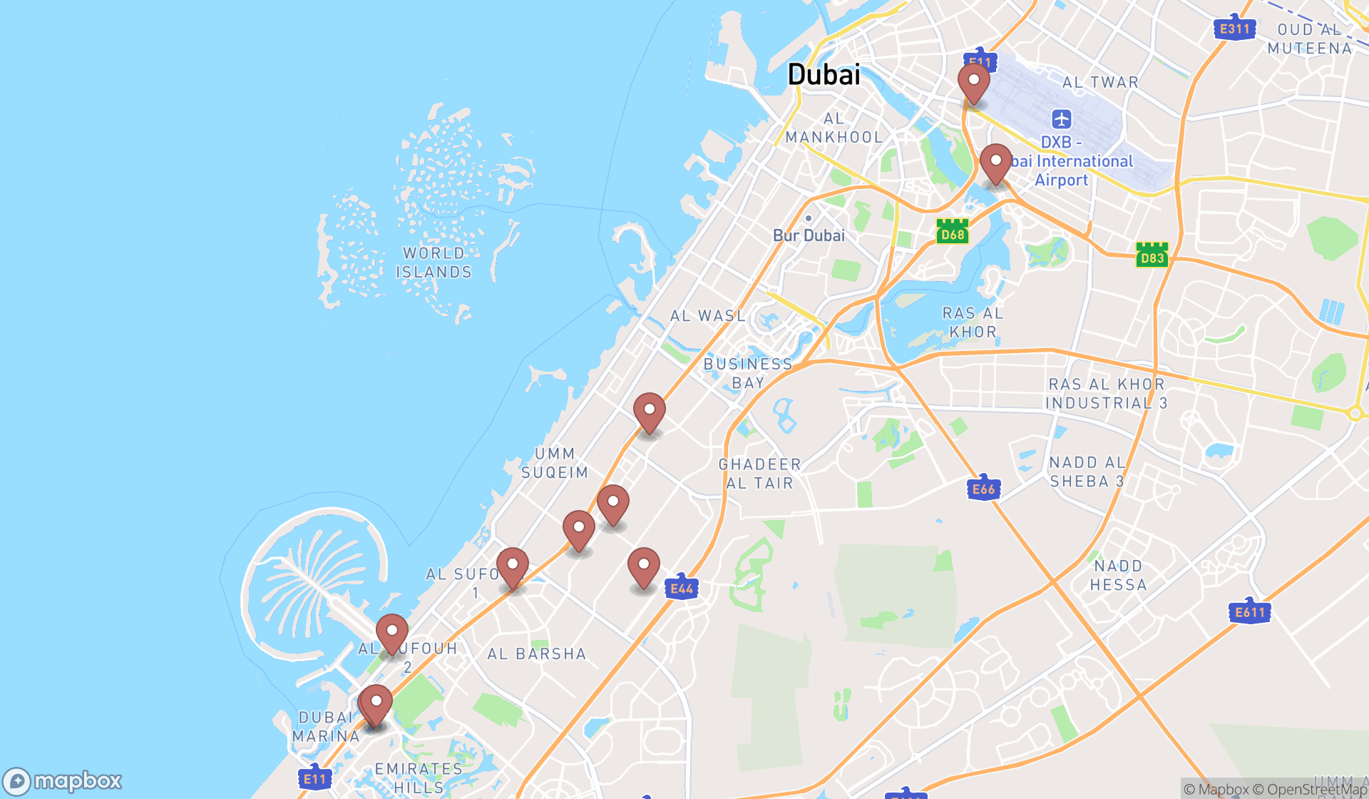 Map showing the ranked car rental agencies in Dubai, Dubai