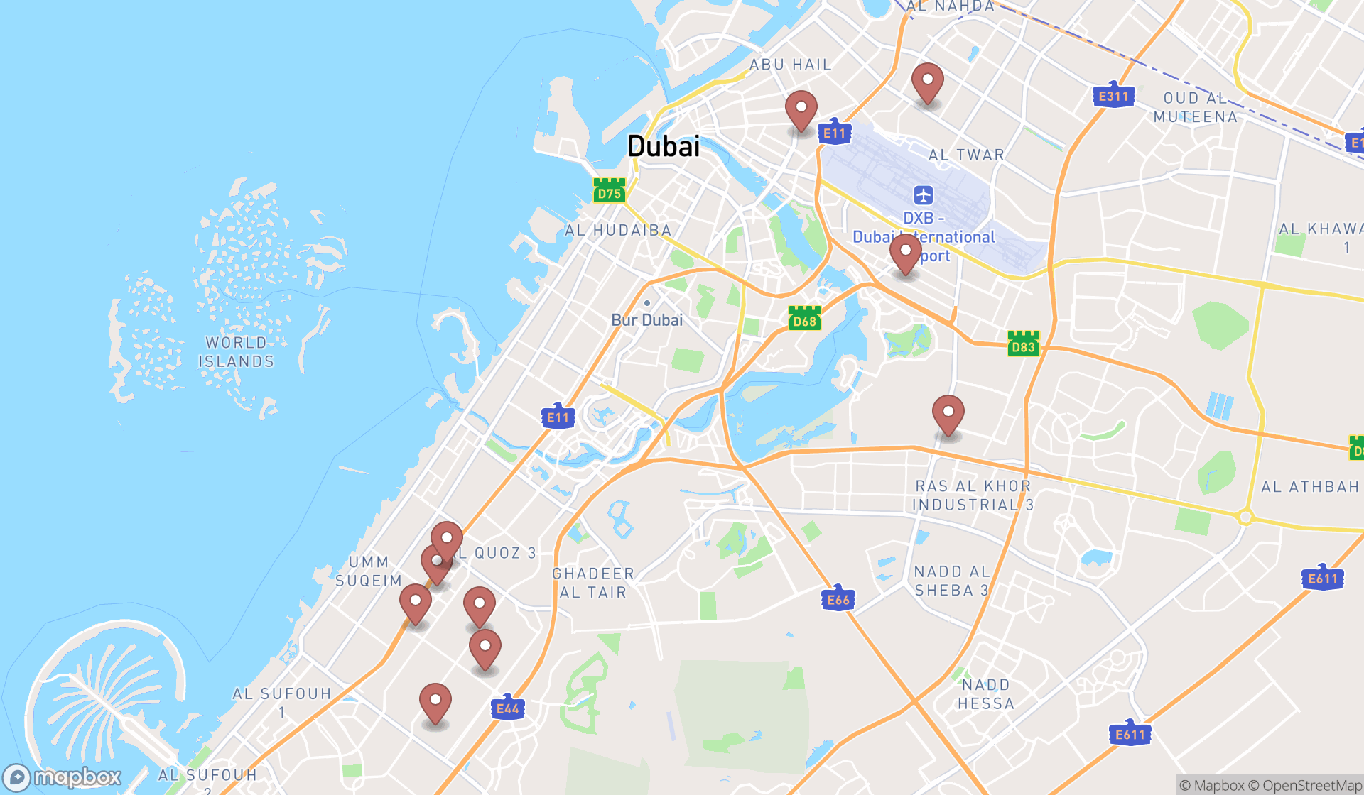 Map showing the ranked car repair and maintenance services in Dubai, Dubai