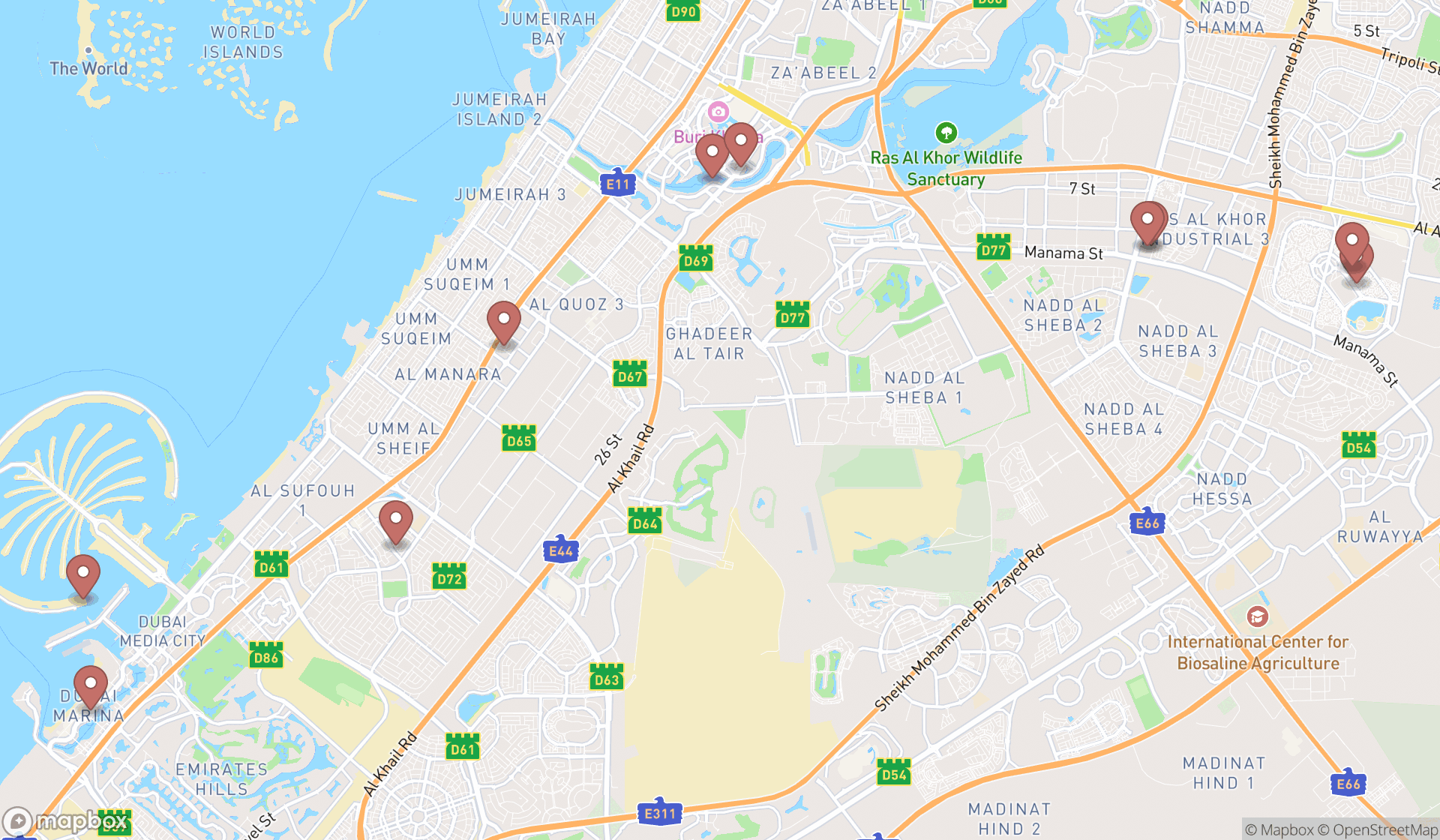 Map showing the ranked car sharing locations in Dubai, Dubai