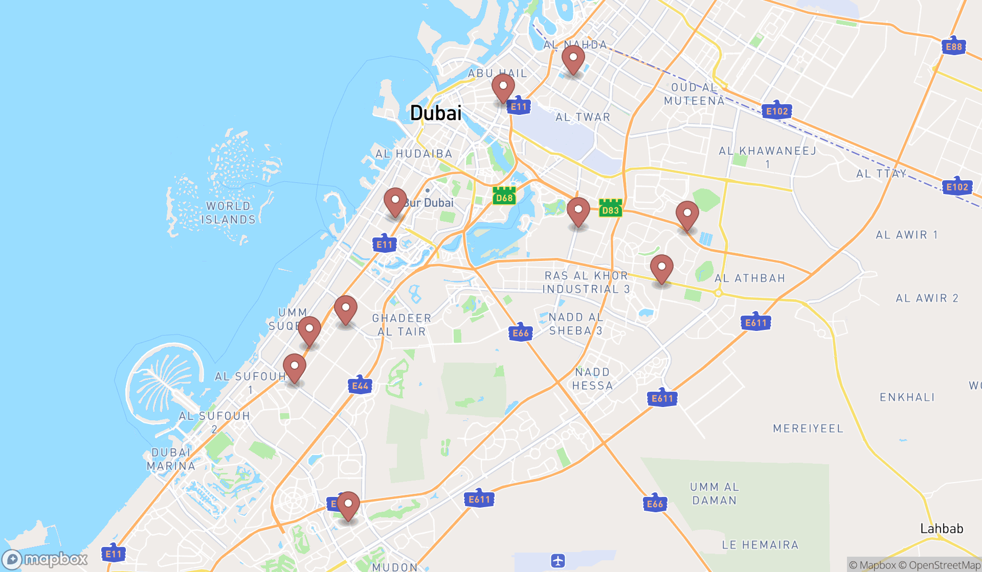 Map showing the ranked car washes in Dubai, Dubai