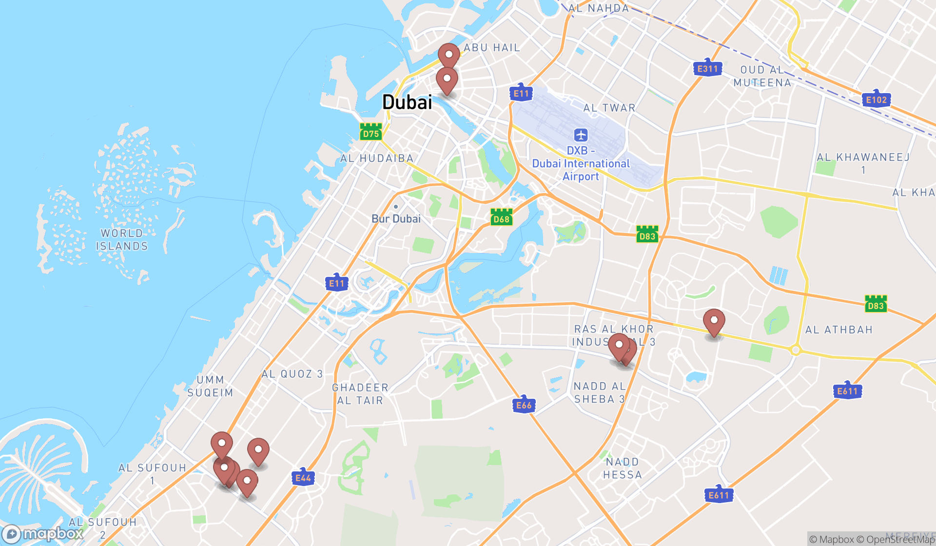 Map showing the ranked carpet stores in Dubai, Dubai