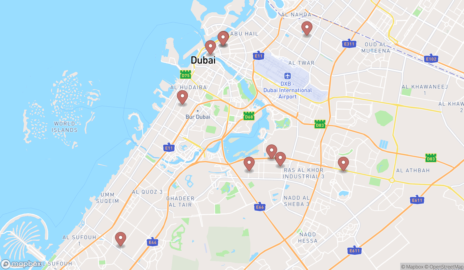 Map showing the ranked carpet wholesalers in Dubai, Dubai