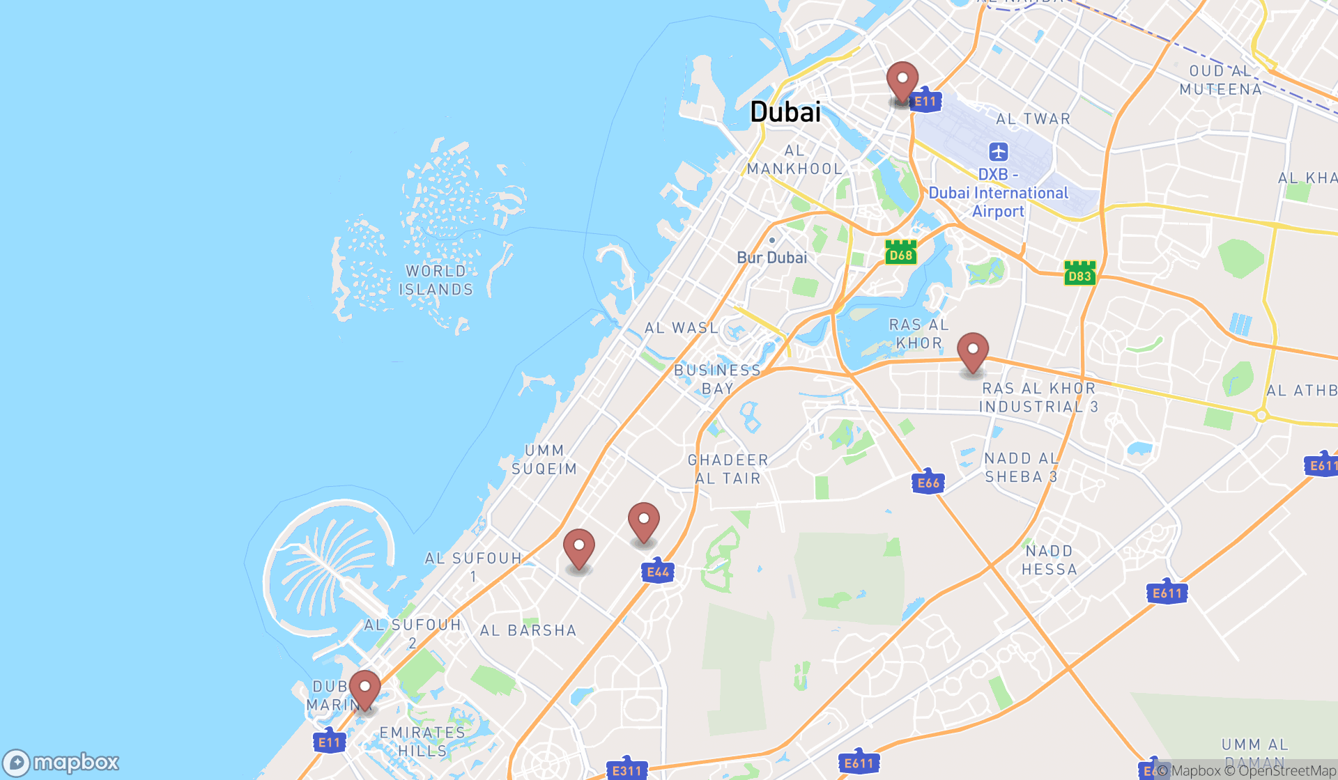 Map showing the ranked catering equipment rental services in Dubai, Dubai