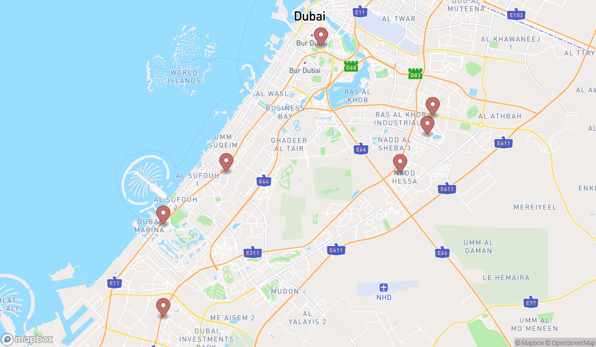 Map showing the ranked caterings in Dubai, Dubai
