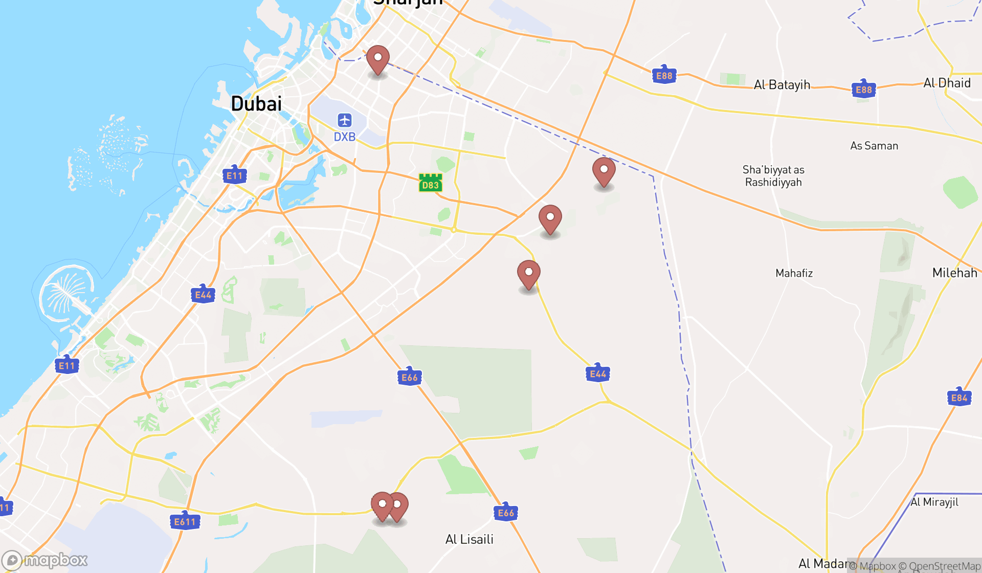 Map showing the ranked cattle farms in Dubai, Dubai