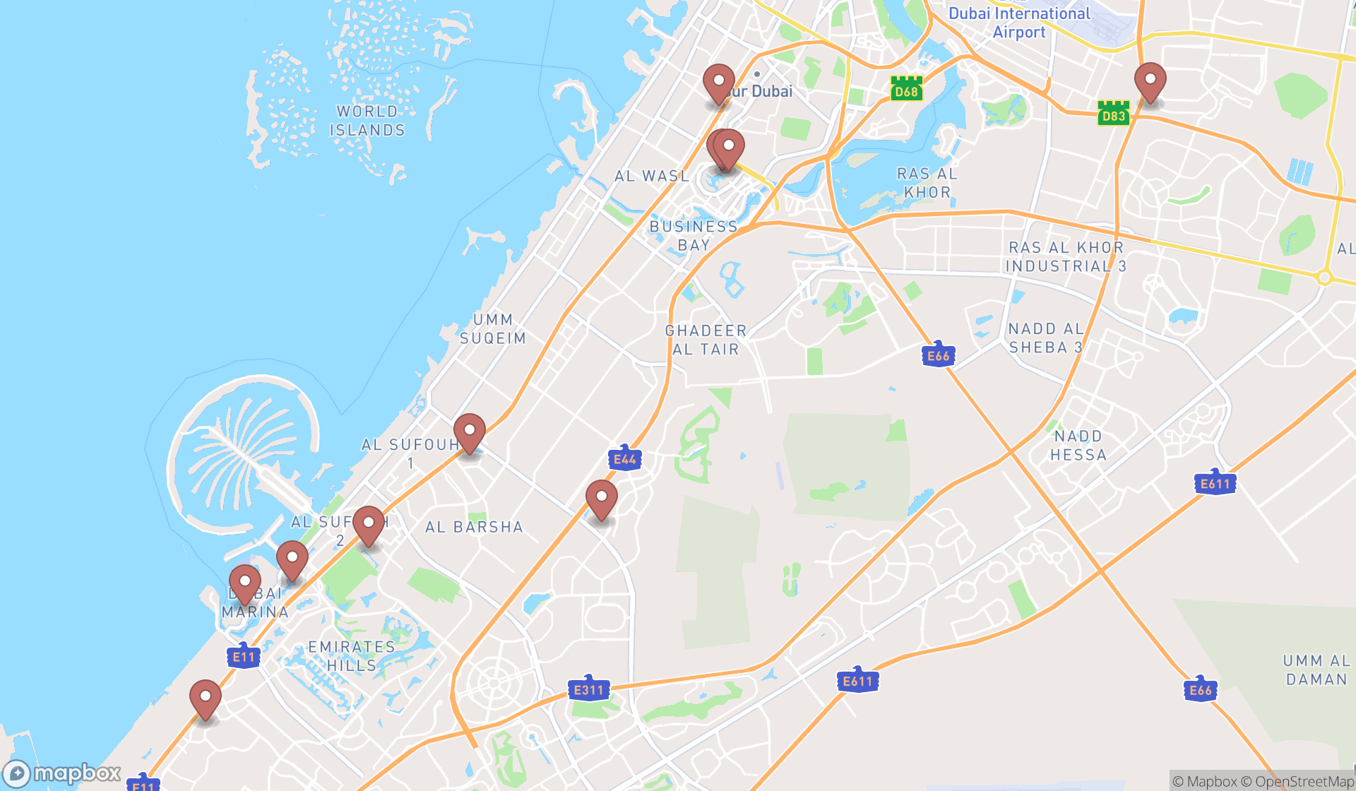 Map showing the ranked chicken restaurants in Dubai, Dubai