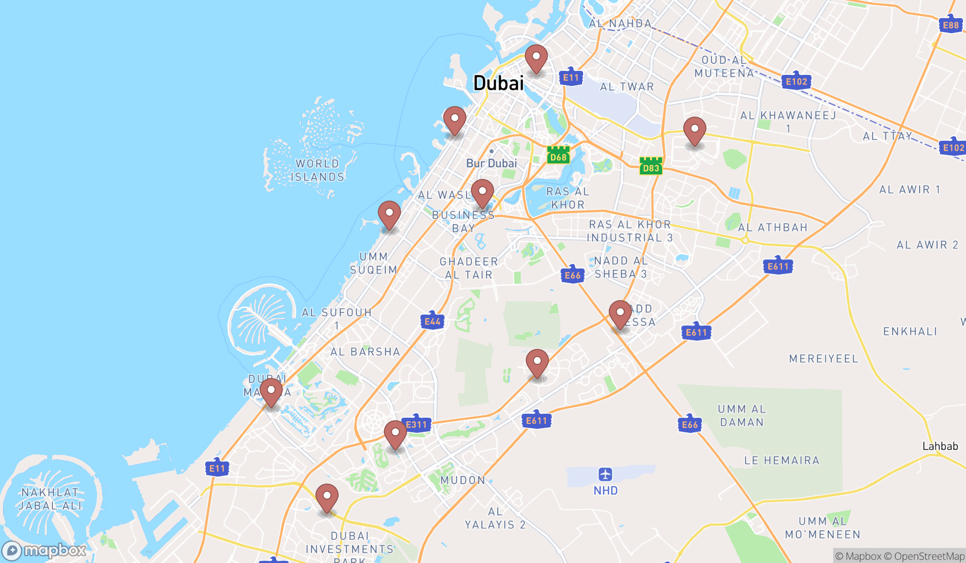 Map showing the ranked chicken wings restaurants in Dubai, Dubai