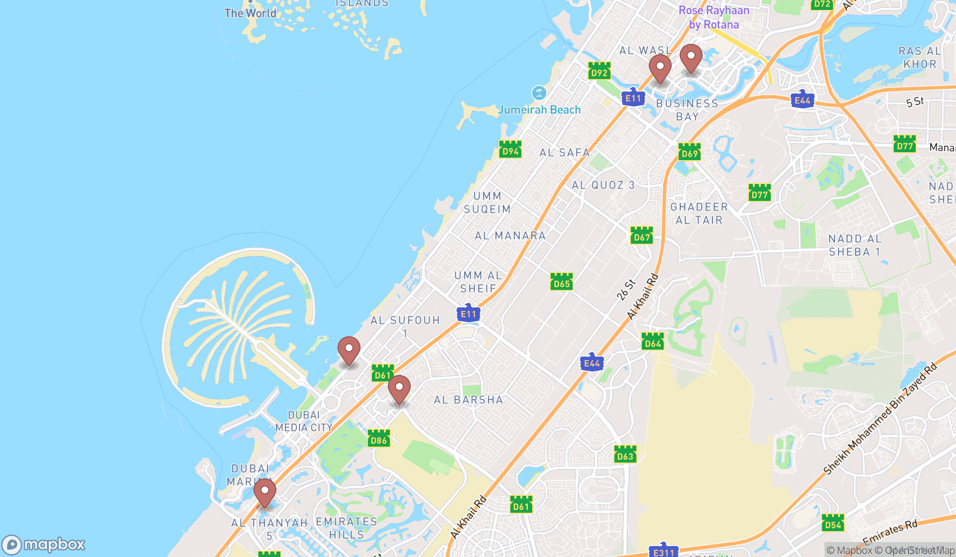 Map showing the ranked childcare agencies in Dubai, Dubai