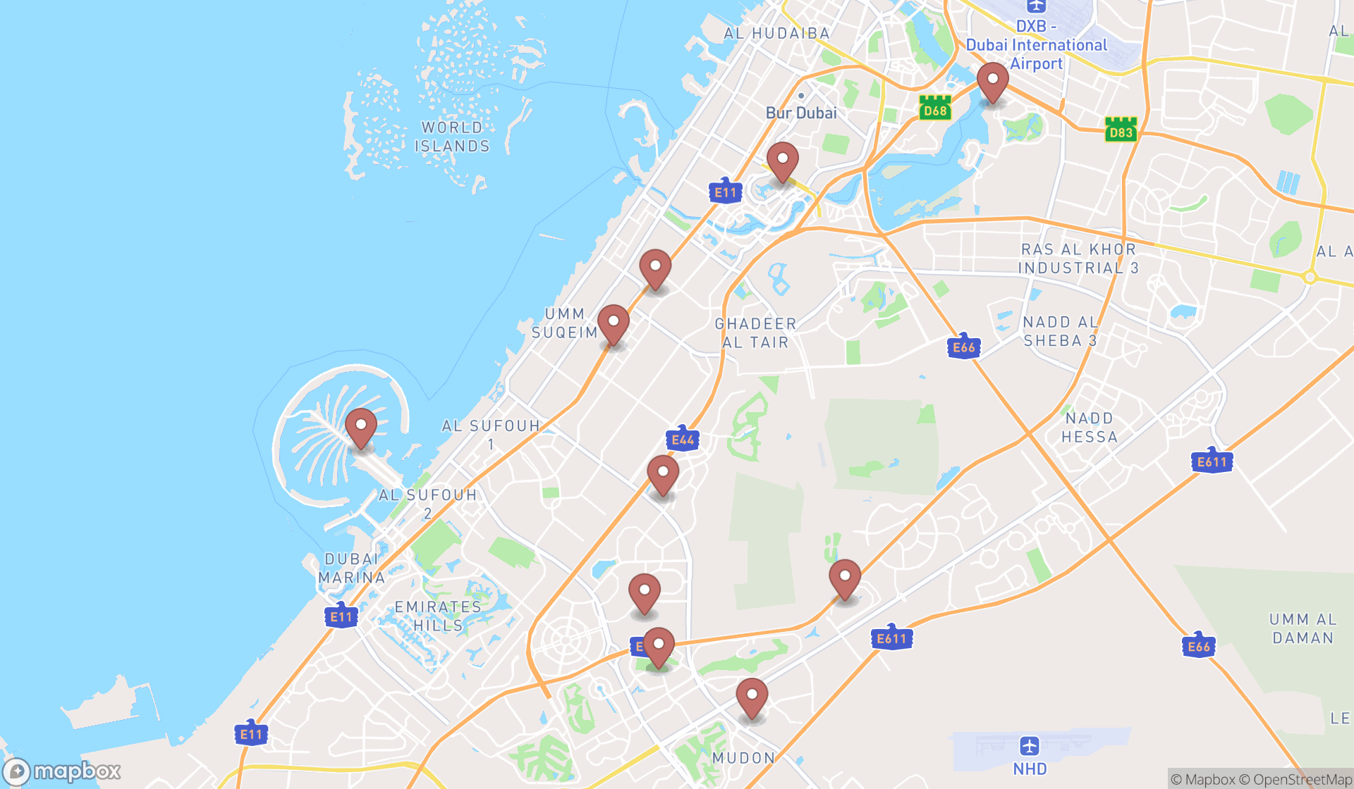 Map showing the ranked children's amusement centers in Dubai, Dubai
