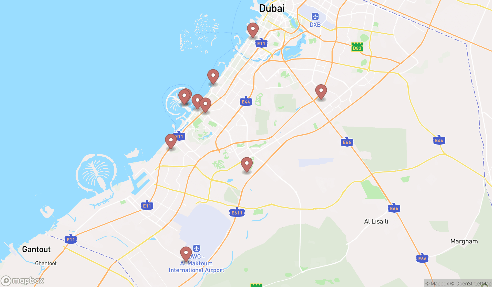Map showing the ranked children's clubs in Dubai, Dubai