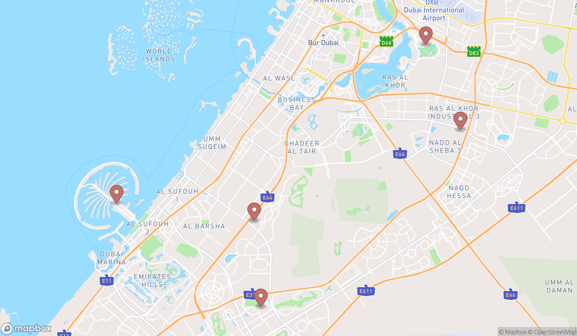 Map showing the ranked childrens stores in Dubai, Dubai