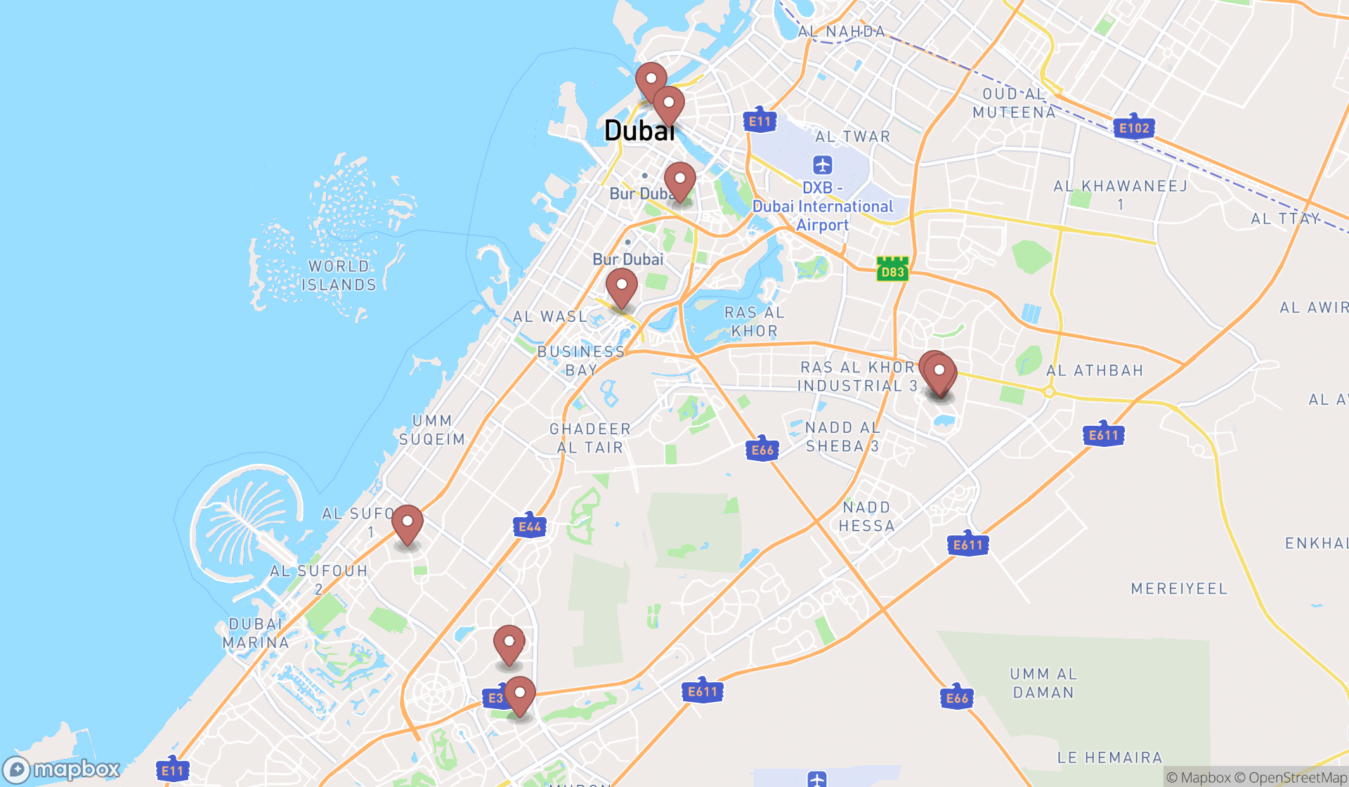 Map showing the ranked chinese noodle restaurants in Dubai, Dubai