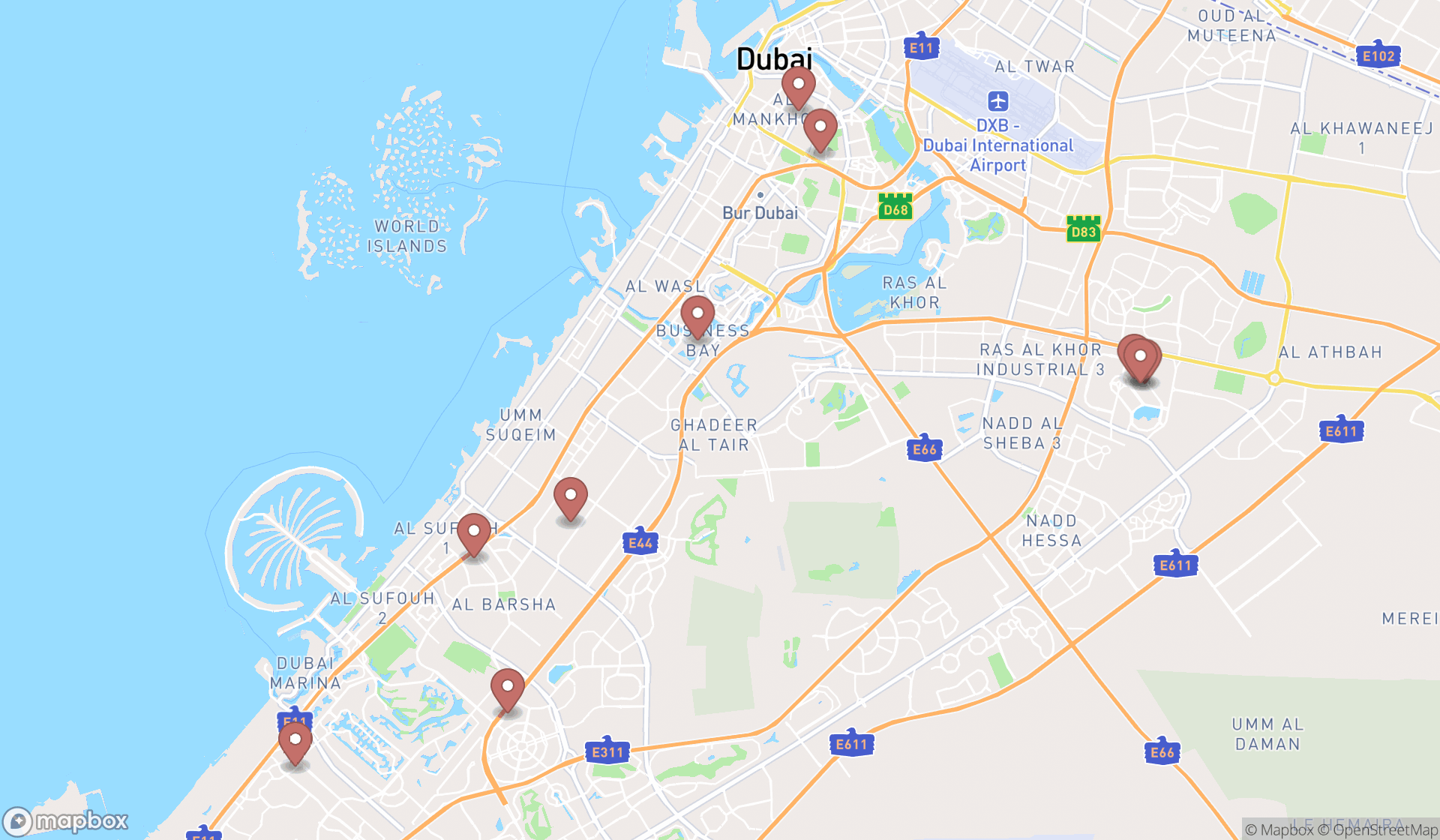 Map showing the ranked chinese takeaways in Dubai, Dubai
