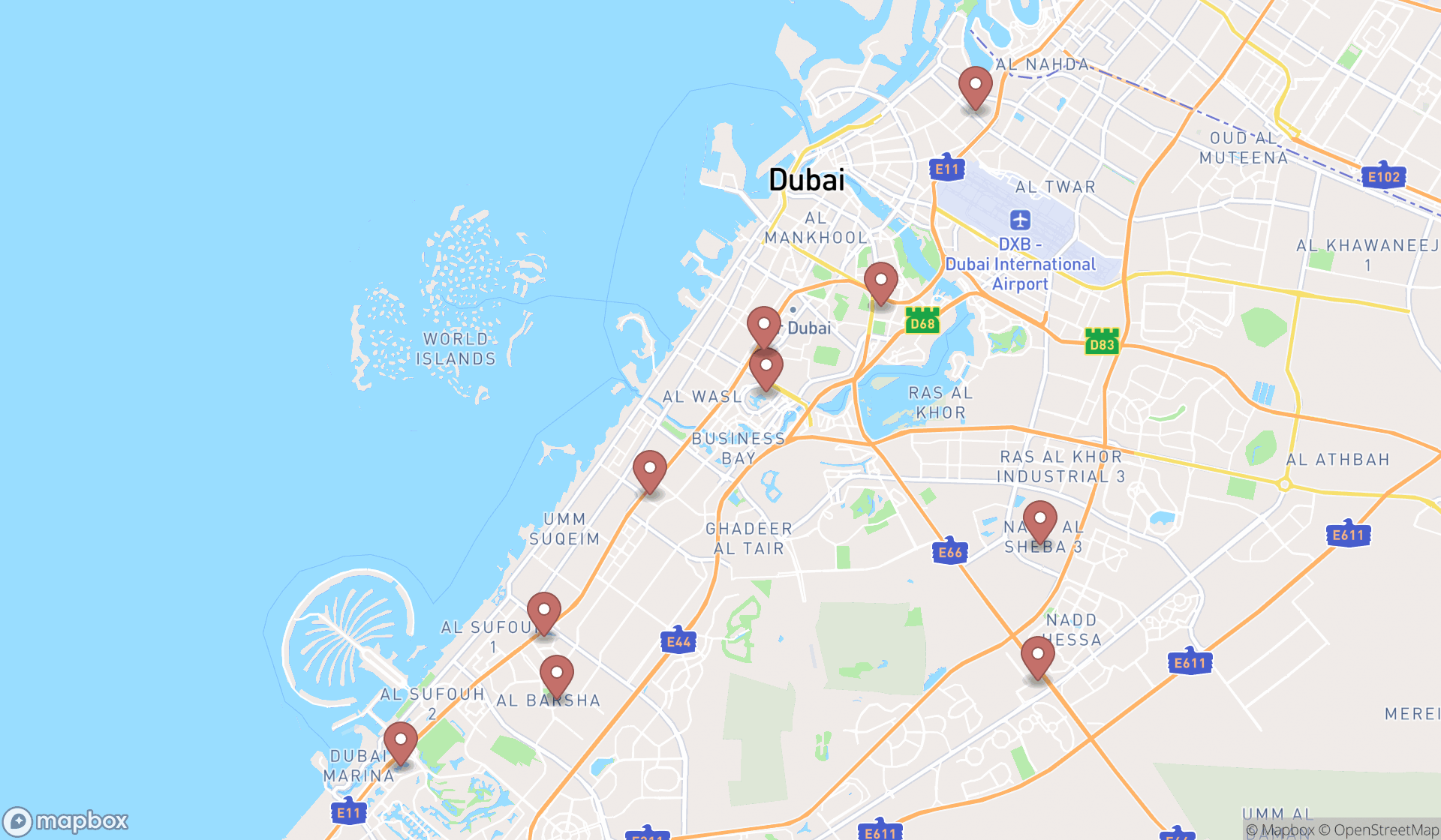 Map showing the ranked chocolate shops in Dubai, Dubai