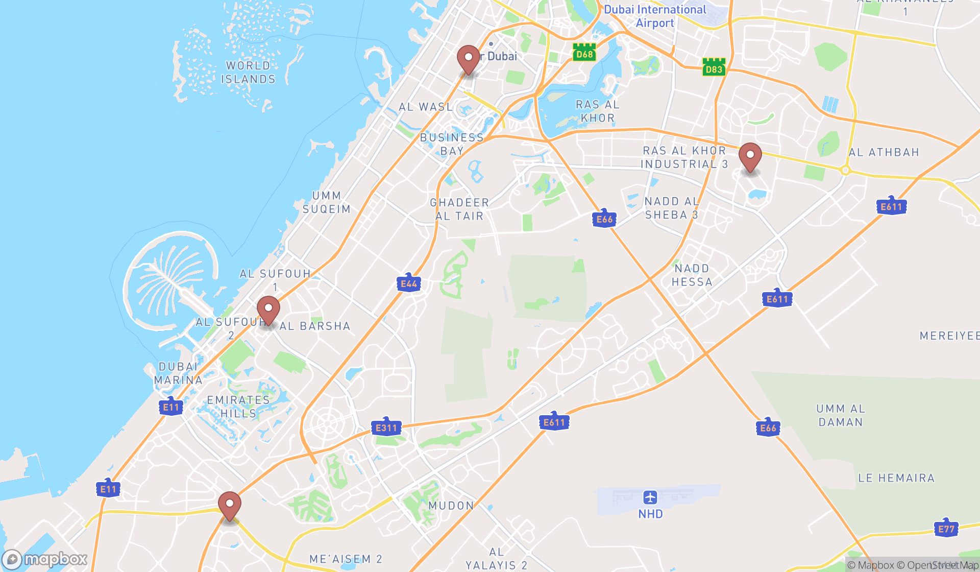 Map showing the ranked chop bars in Dubai, Dubai
