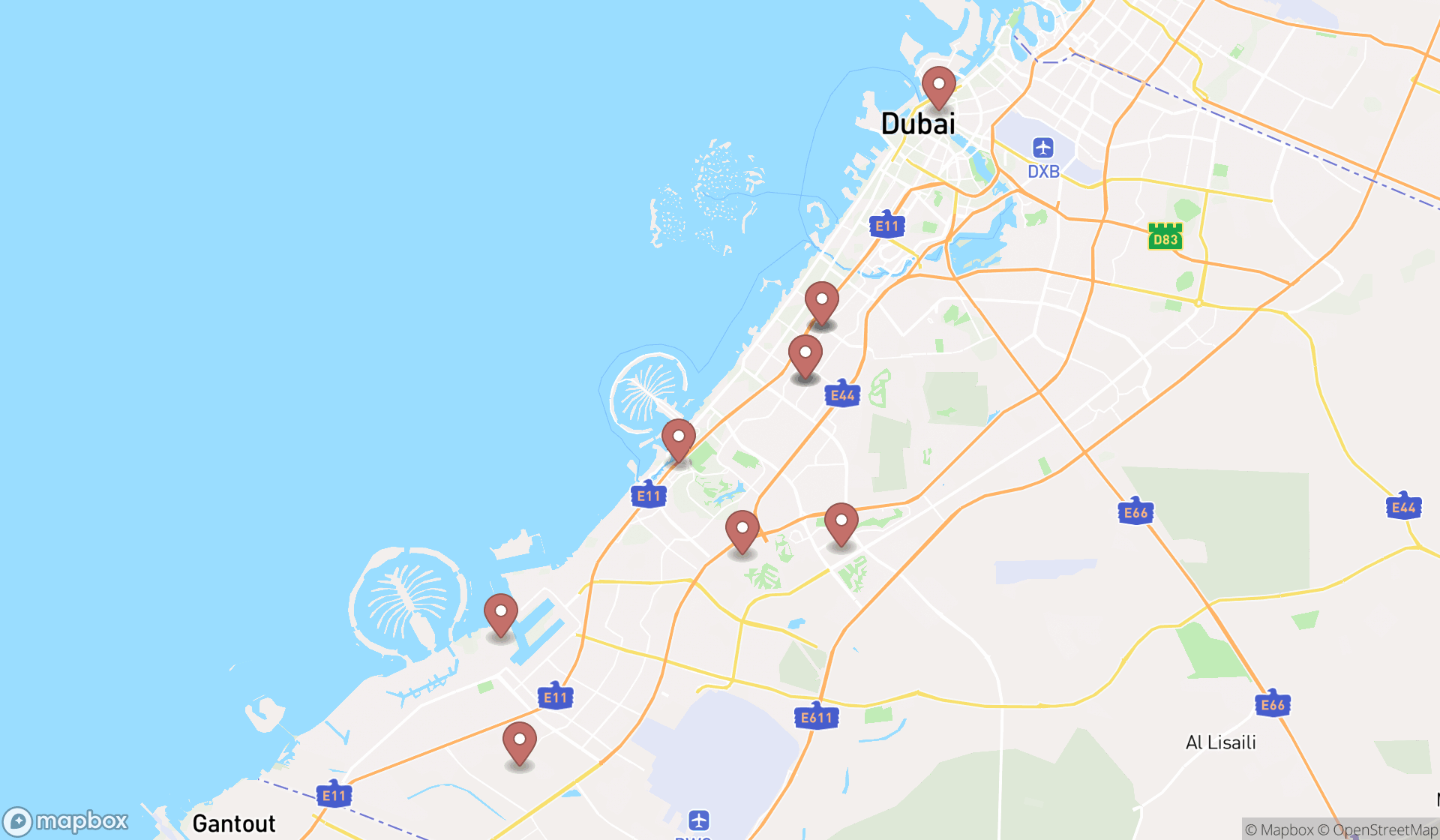 Map showing the ranked cinema equipment suppliers in Dubai, Dubai