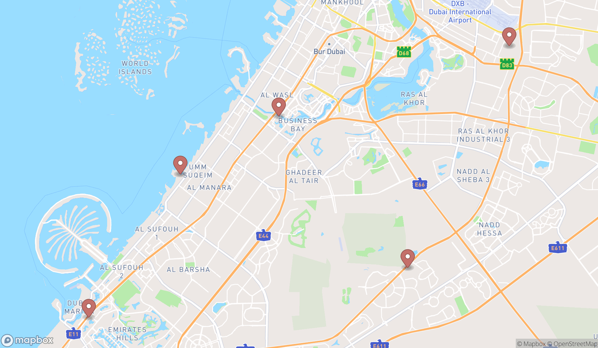 Map showing the ranked city or town halls in Dubai, Dubai