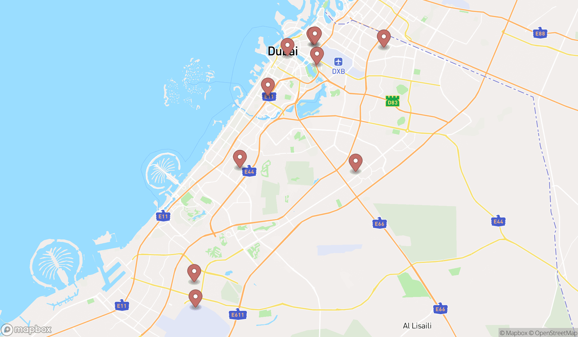 Map showing the ranked civil engineering companies in Dubai, Dubai