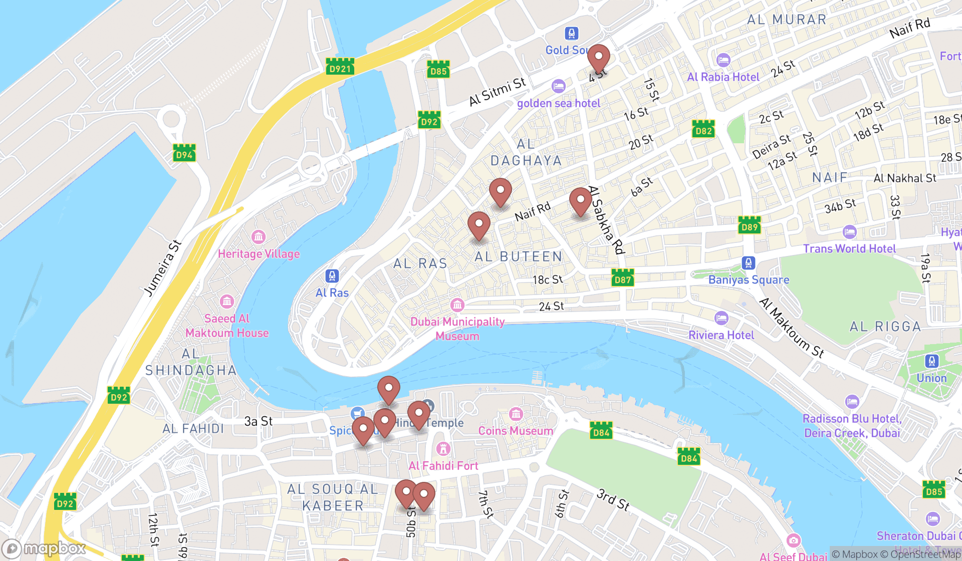 Map showing the ranked clothes and fabric wholesalers in Dubai, Dubai
