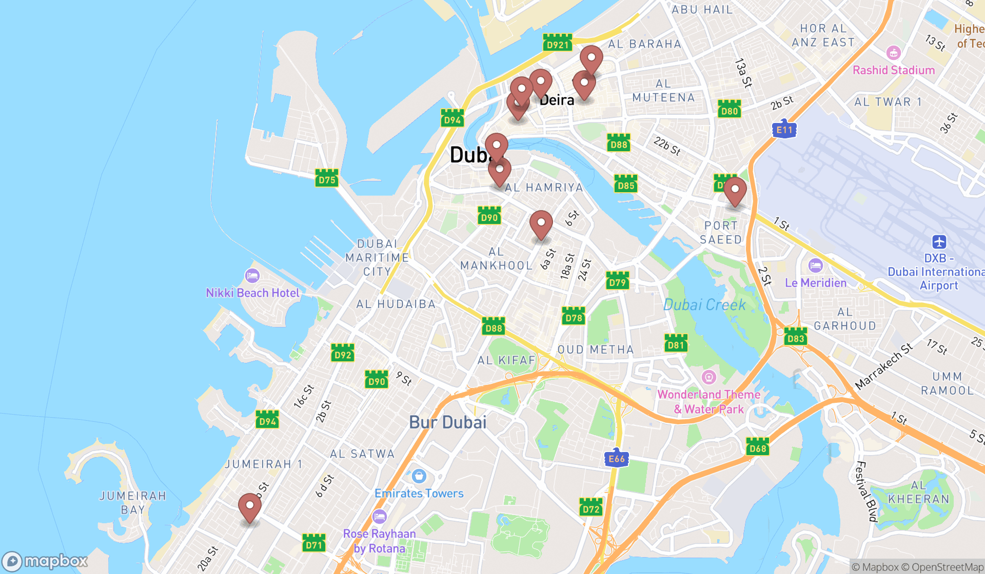 Map showing the ranked clothes markets in Dubai, Dubai