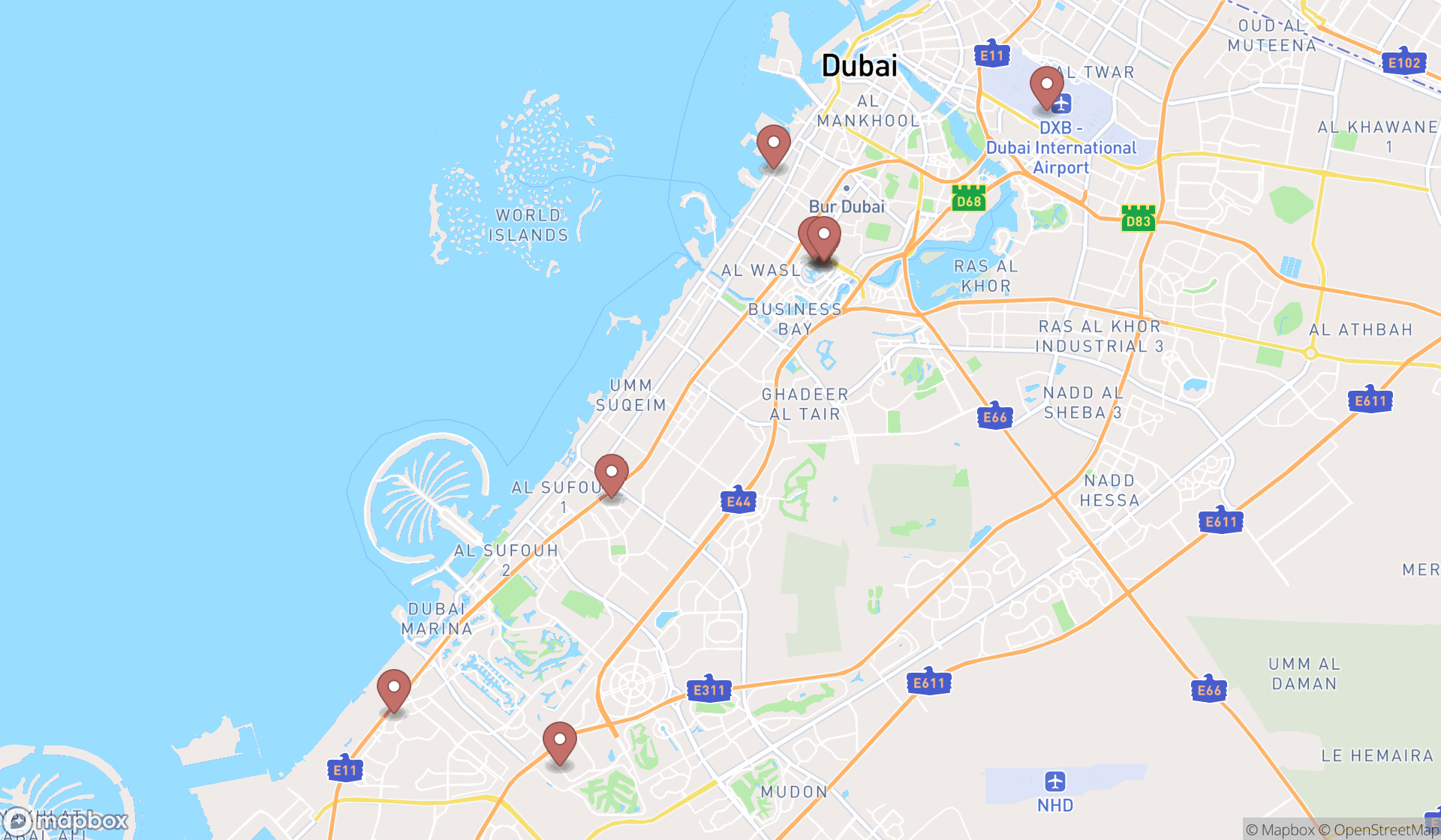 Map showing the ranked clothing accessories stores in Dubai, Dubai