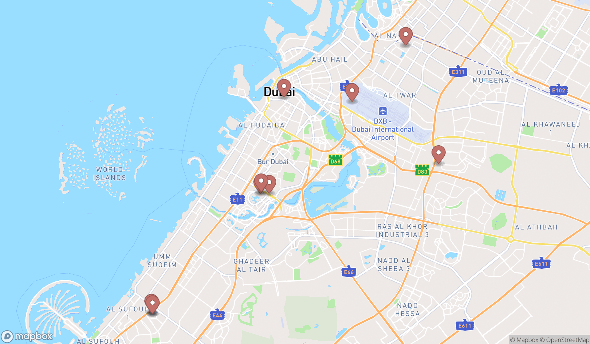 Map showing the ranked clothing shops in Dubai, Dubai